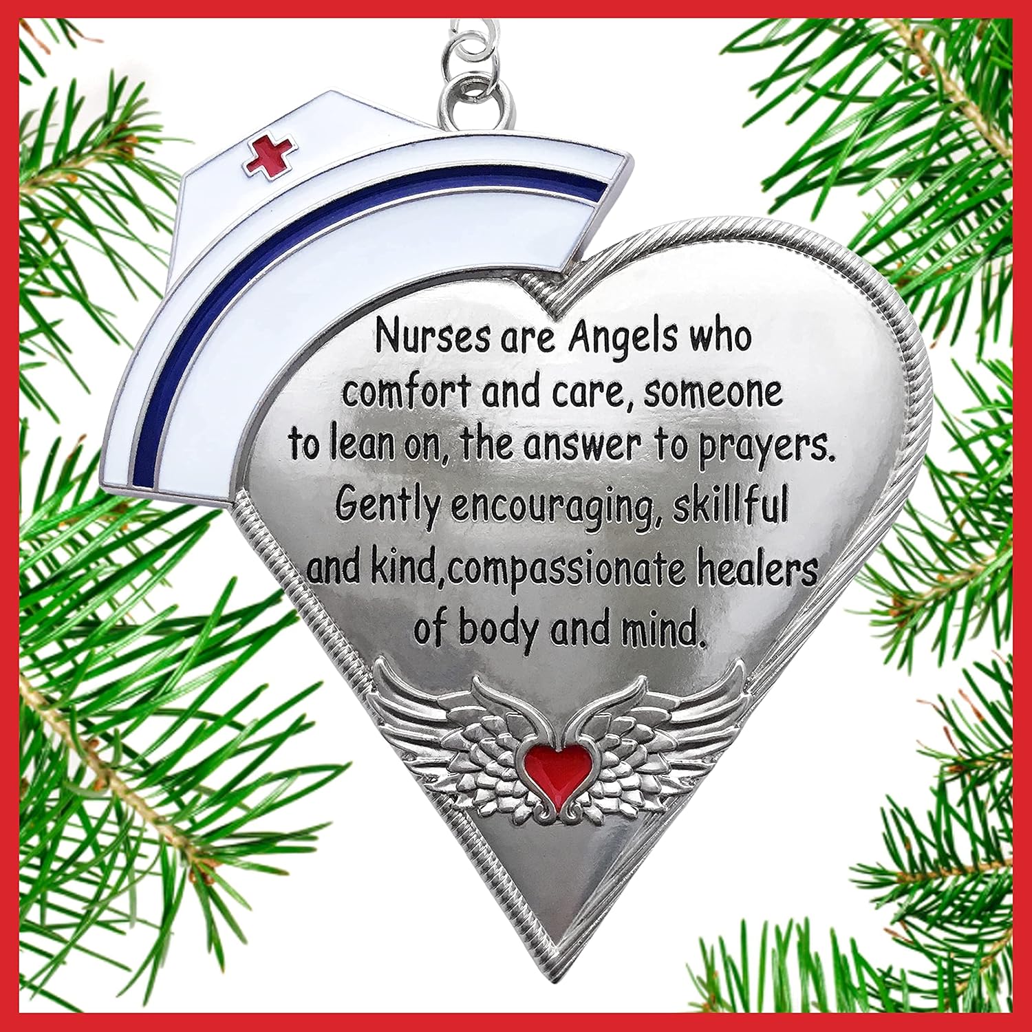 Nurse Christmas Ornament with Message - Engraved Silver Metal with Hand Painted Enamel - Nurses Hat & Heart with Angel Wings - Gift Storage Bag Included - 4" - Image 7