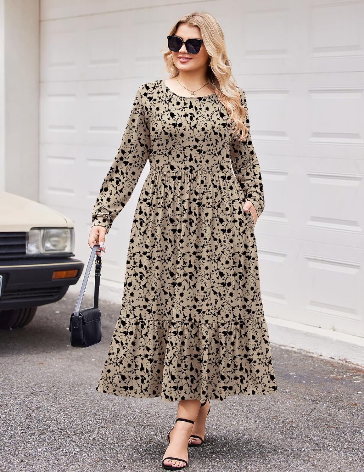 IN'VOLAND Women Plus Size Long Sleeve Dress Loose Casual Flowy Tiered Long Maxi Dresses with Pockets - Image 2