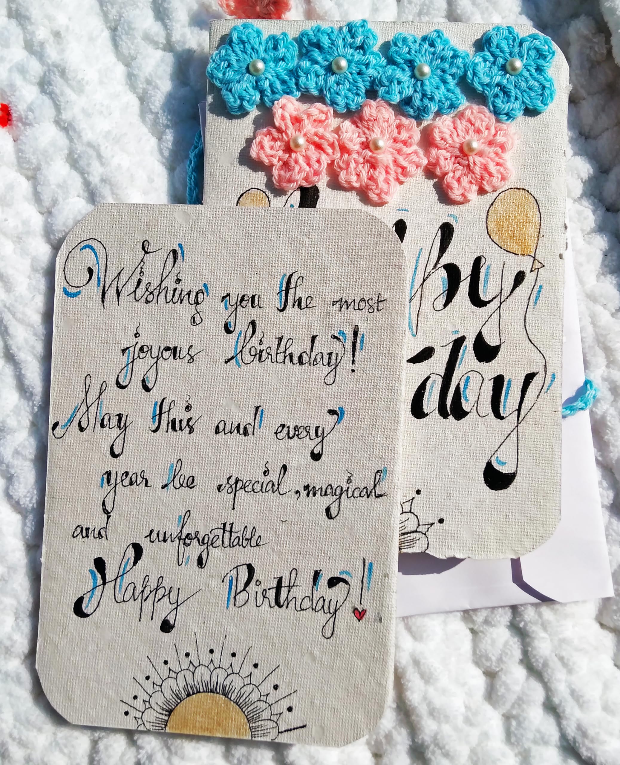 SKAISTA Happy Birthday Greeting Card With Envelope Handwritten Letter Calligraphy Personalized Wishes Message Handmade Crochet Flowers 3D Blank Manual Lettered Customised Personal (Card, HBD) 1