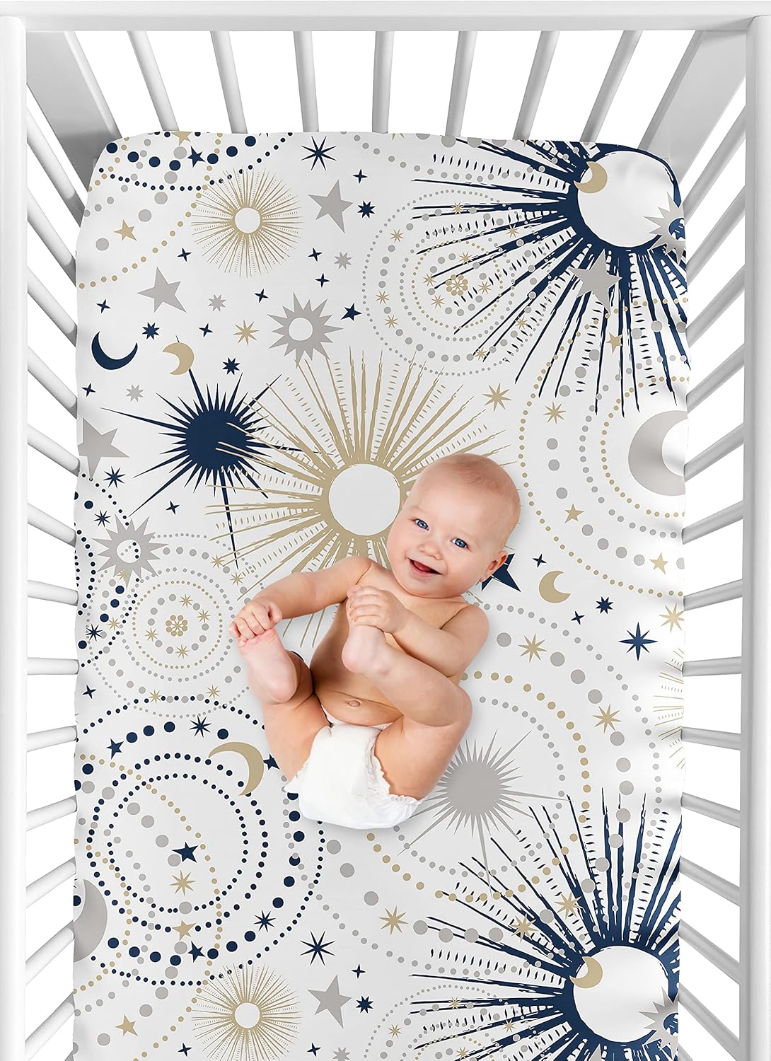 Sweet Jojo Designs Fitted Baby Crib Sheets (Stars and Moon) for Boys or Girls, Infant Nursery, Toddler Room - Standard Size (Celestial, Sky, Star, Classic, Outer Space, Grey, Navy Blue and Gold, Gray)