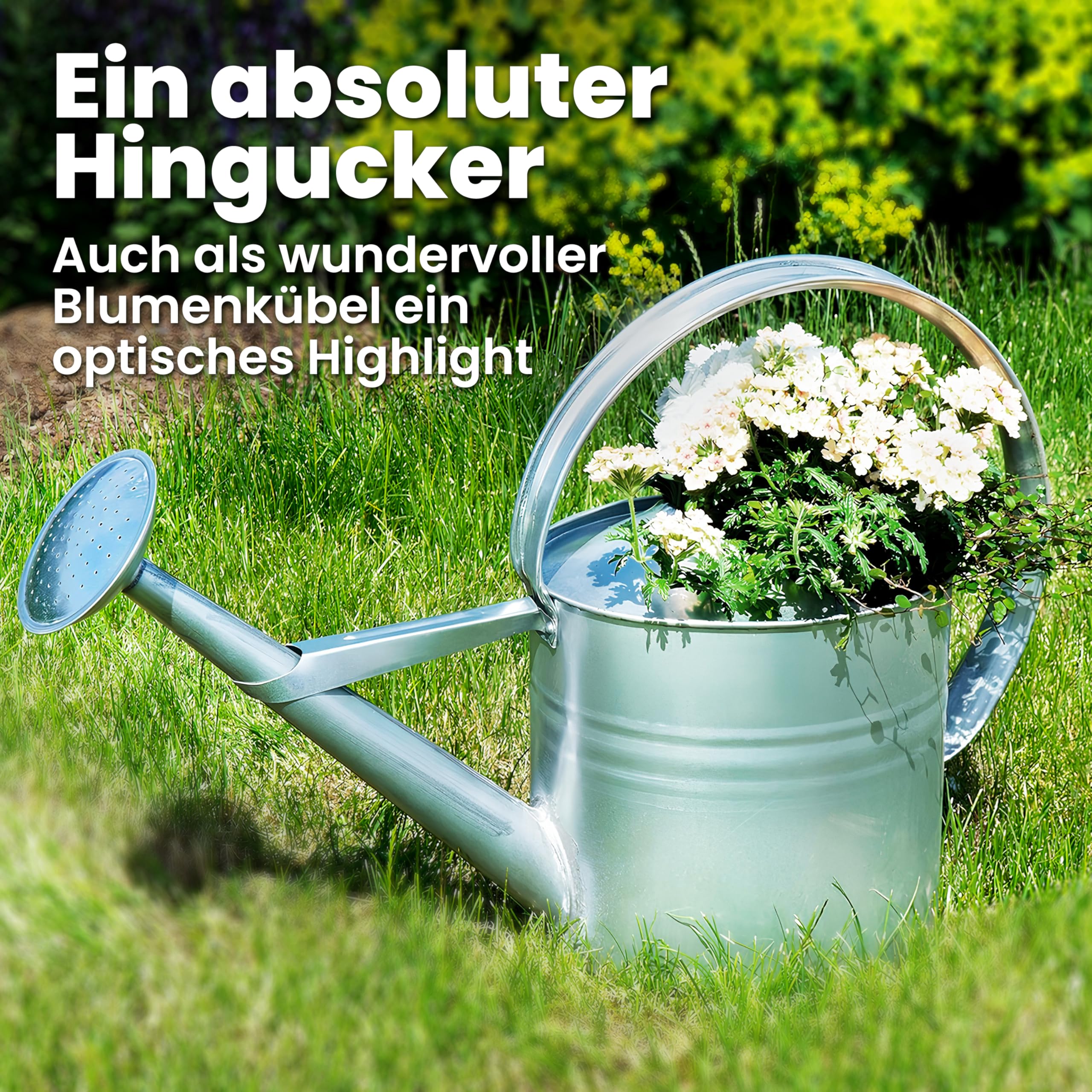 HRB Zinkgießkanne 10 L, Gießkanne feuerverzinkt, langlebige Metallgießkanne für den Innen- und Außenbereich Giesskanne mit Gießbrause Bewässerungssystem (Silber, Zinkgießkanne, 10 L)