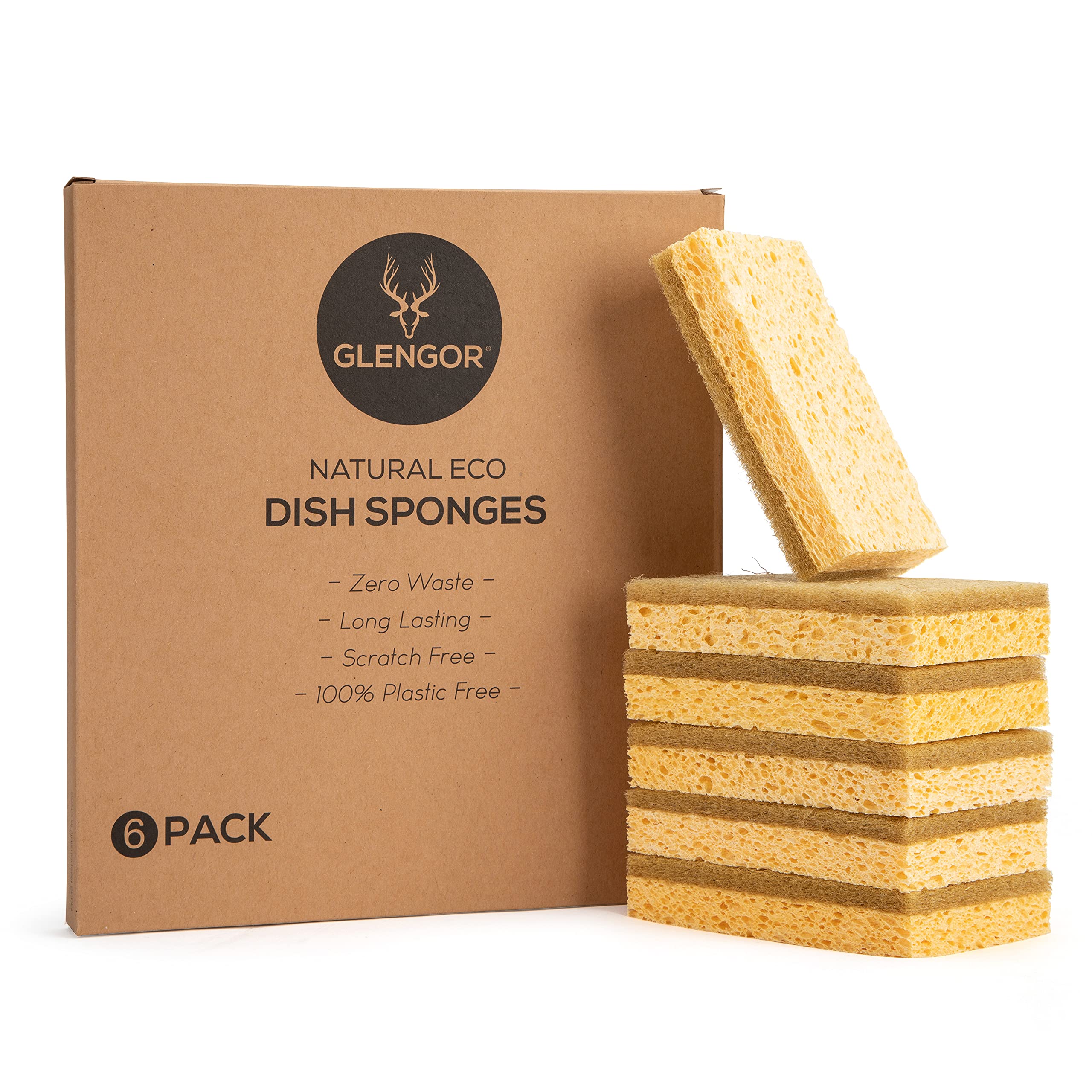 Glengor Eco Washing Up Dish Sponges, Pack of 6. Natural Materials, Biodegradable, Non Scratch Zero Waste, Eco Friendly, Sisal Cellulose Scourers