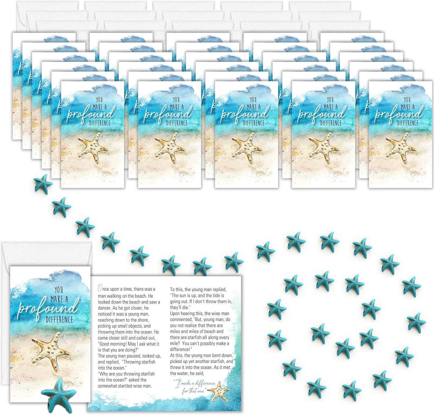 Smiling Wisdom - 30 Bulk Gifts - Starfish Story Appreciation Greeting Cards Turquoise - Employee Staff Teachers Volunteers - 90pcs - Starfish White Envelopes