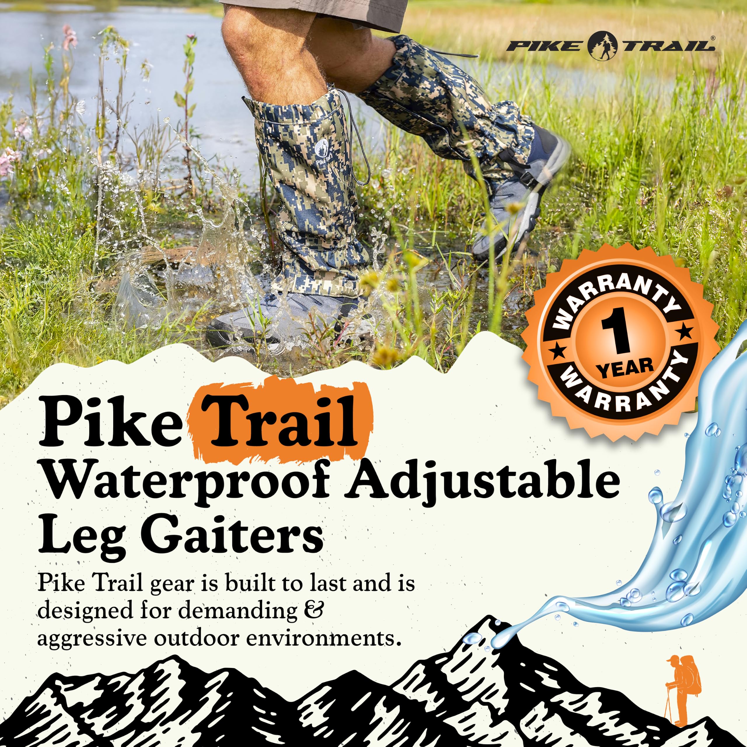 Pike Trail Polainas impermeables ajustables para piernas: para senderismo en barro, arena y nieve, caza, escalada de montaña o raquetas de nieve