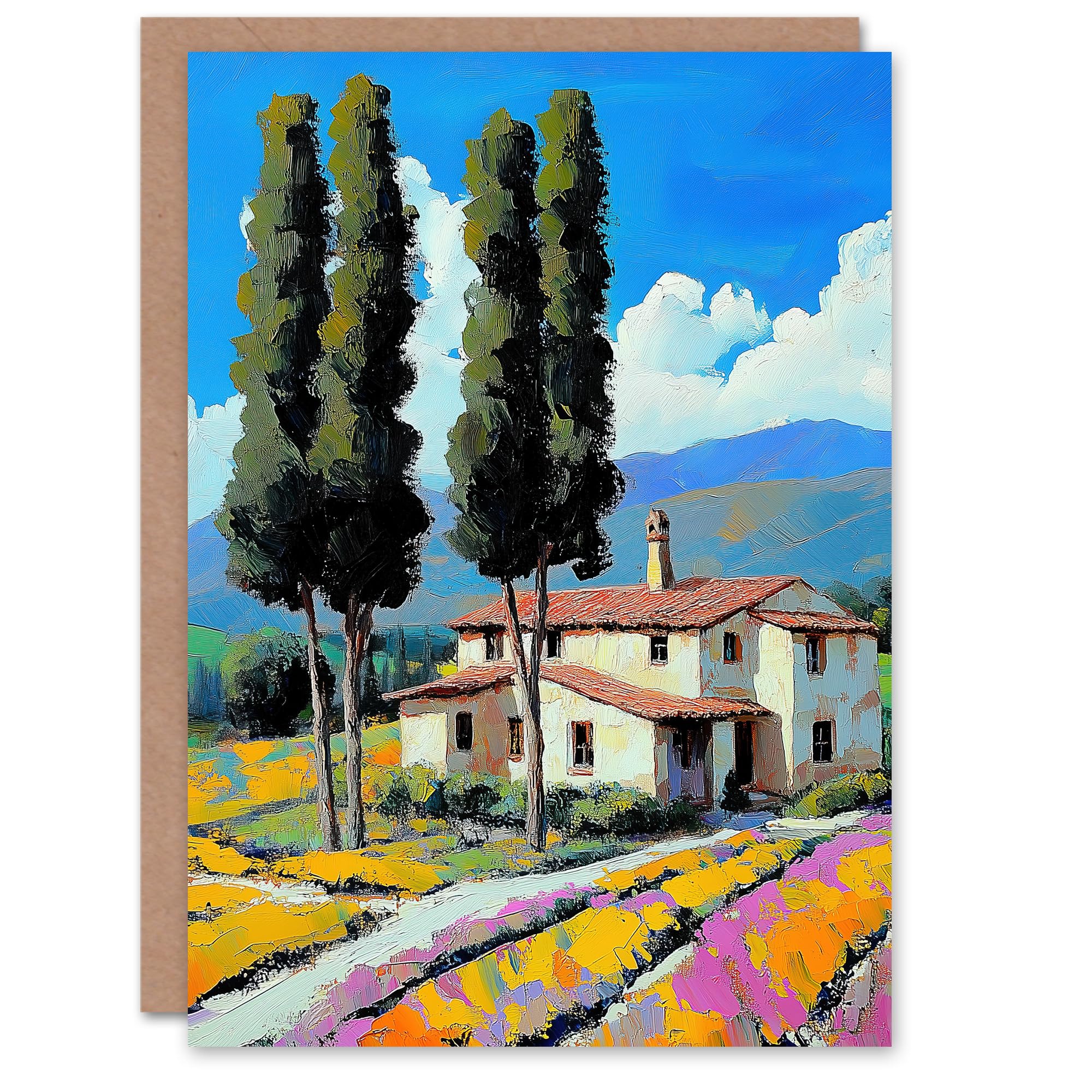 Artery8 Greeting Card Spanish Countryside House Summer Landscape Travel Blank For Him Or Her Art Retirement Card
