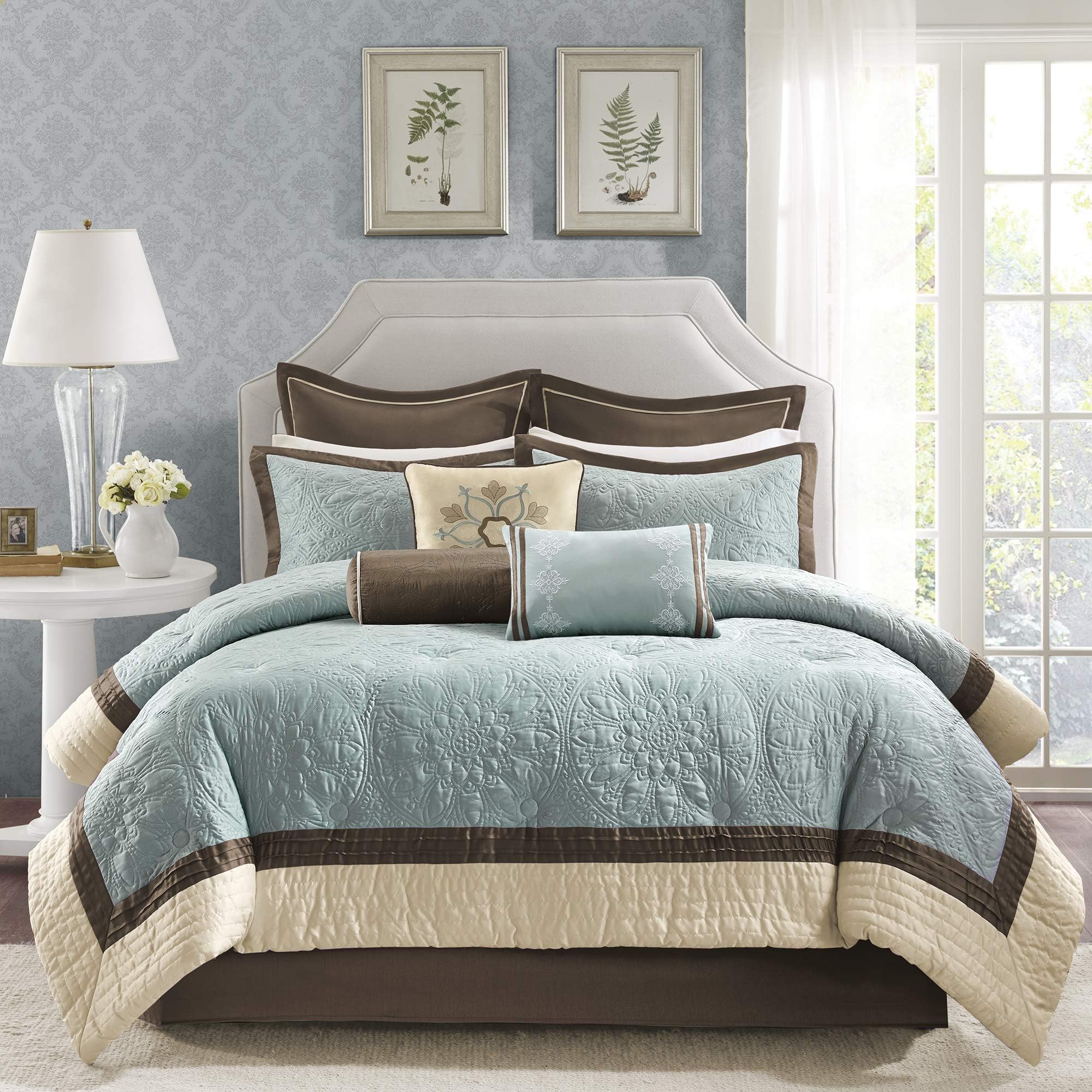 Cozy Comforter Set Casual Modern Design All Season, Matching Bed Skirt, Decorative Pillows, Queen(92"x96"), Blue, 9 Piece (MP10-458)