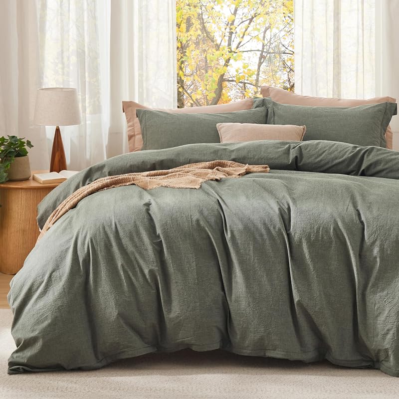 Bedsure PureWoven Cotton Comforter Set Prewashed, King, Grayish Olive Green image 2