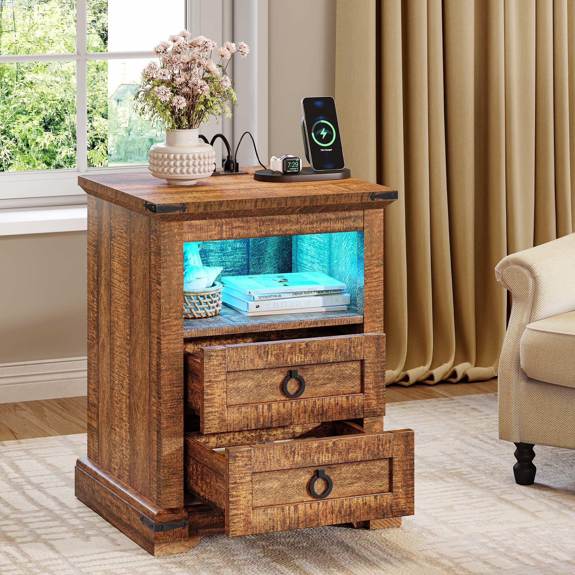 Amazon.com: YITAHOME Farmhouse Nightstand with Charging Station, 2