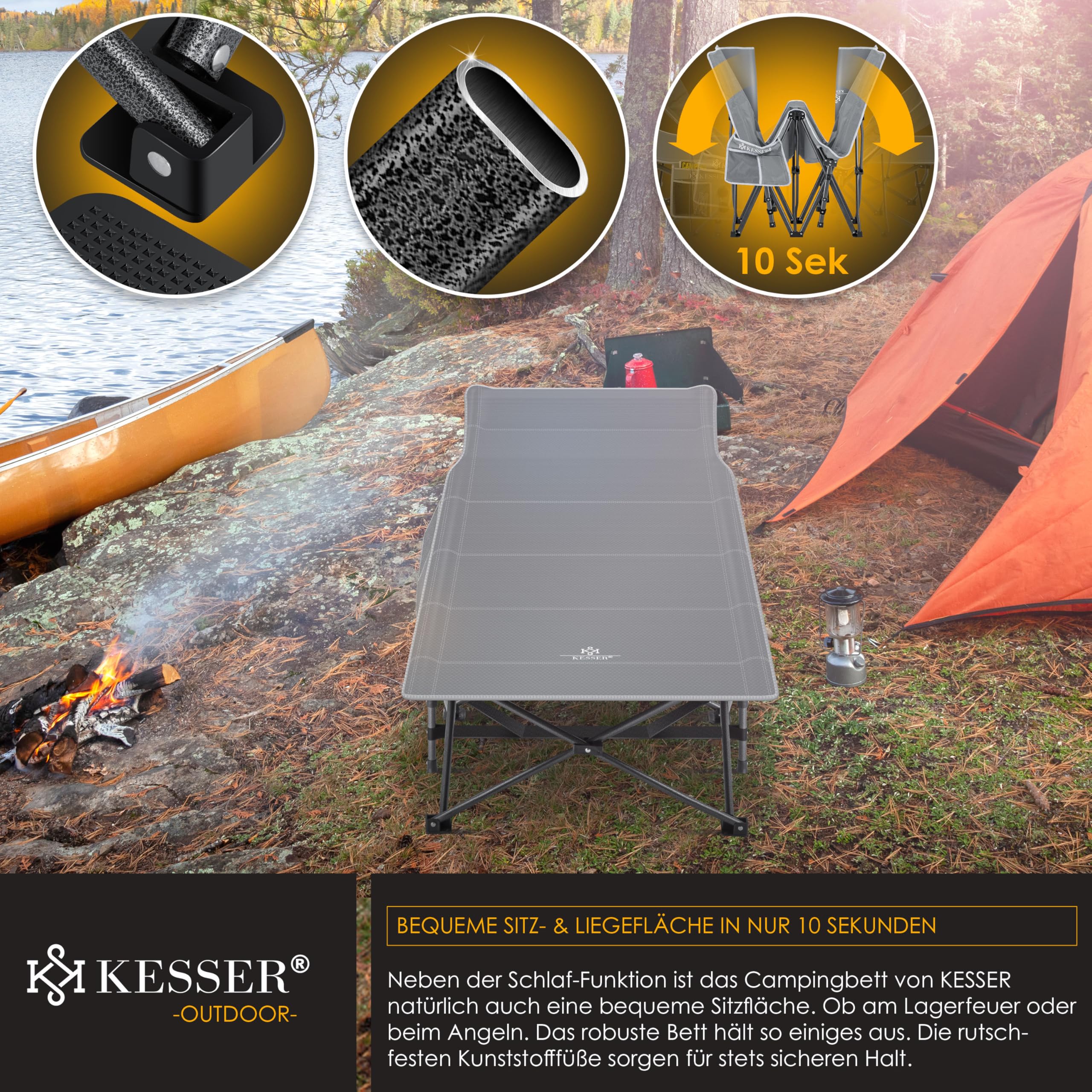 KESSER® Łóżko kempingowe, składane, w tym torba do przenoszenia + kieszeń boczna, stabilne łóżko polowe, 250 kg, metalowa rura, tkanina Oxford 600D, przenośne, podróżne, wygodne