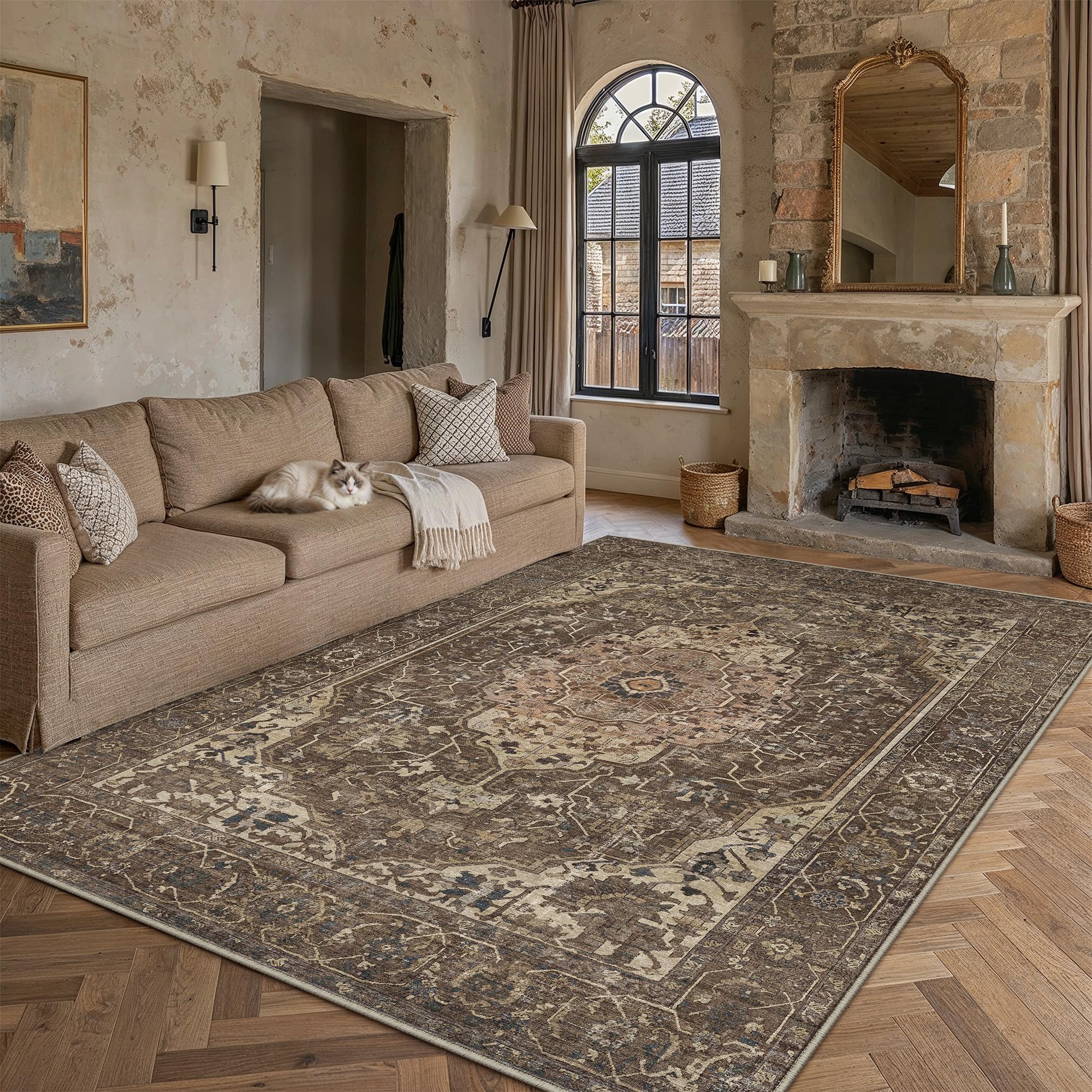 PureCozy Vintage Rugs Living Room Large Washable 160x230cm Non Slip Brown Area Rug Boho Carpet for Kids Bedroom Bedside Nursery Playroom Lounge Office Traditional Carpets Low Pile Mat