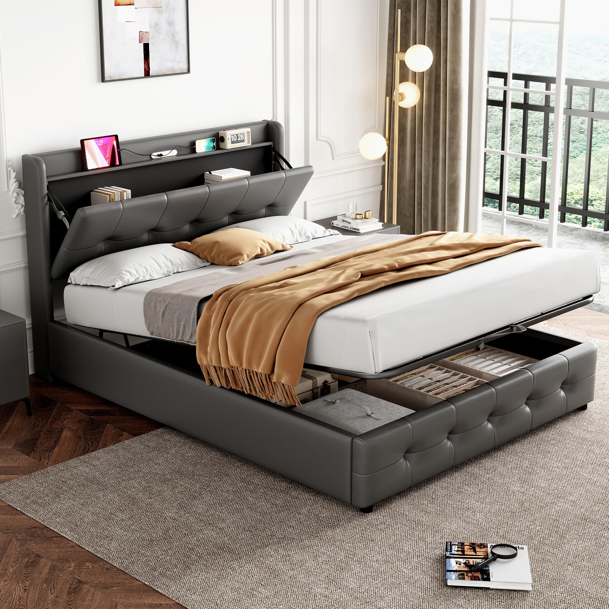 Jtyca 4ft6 Double Bed Frame with Storage, Upholstered Ottoman Bed Frame with Headboard Storage and Hydraulic, Double Bed Frame with Charging-Station and LED-Light, PU, Grey, 135x190cm, (No Mattress)