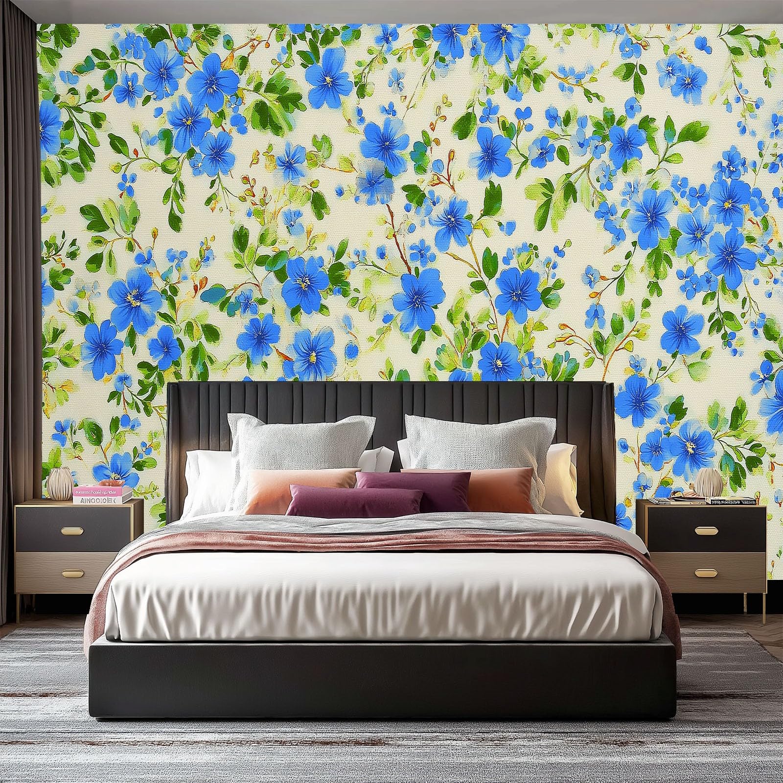 Générique Tapeta z włókniny w stylu vintage kwiatowy nadruk niebieskie liście 250 x 175 cm, panoramiczna zielona tapeta, łatwa do zainstalowania dekoracja ścienna do salonu sypialni kuchni