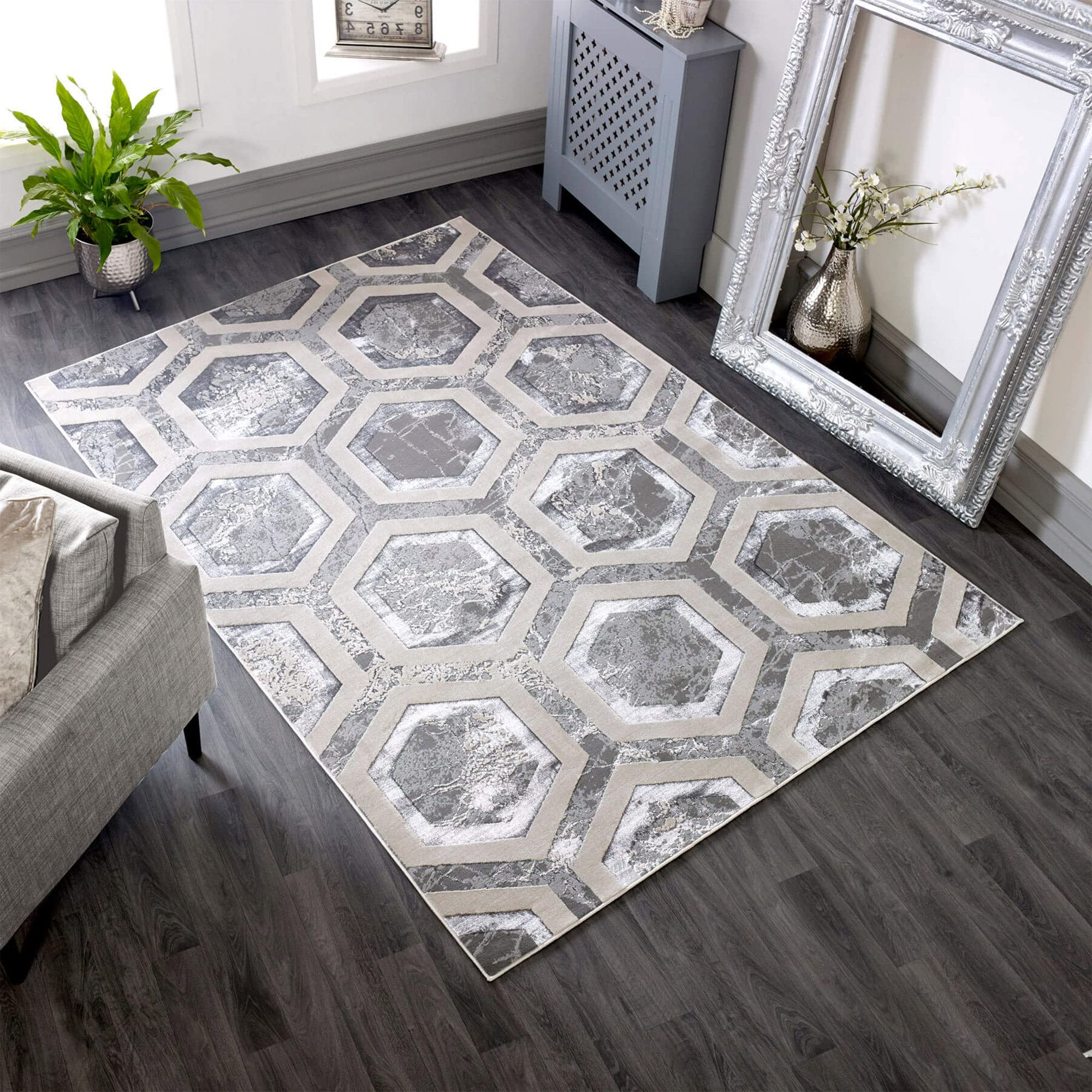 Lord of Rugs Modern Abstract Shiny Rug Silky Shimmer Soft High-Shine Carpet for Living Room, Bedroom Luxury Geometric and Marbled Patterns Rug Crystal AU12 Grey/Silver, Medium 120 x 170 cm (4'x5'6") — image 1