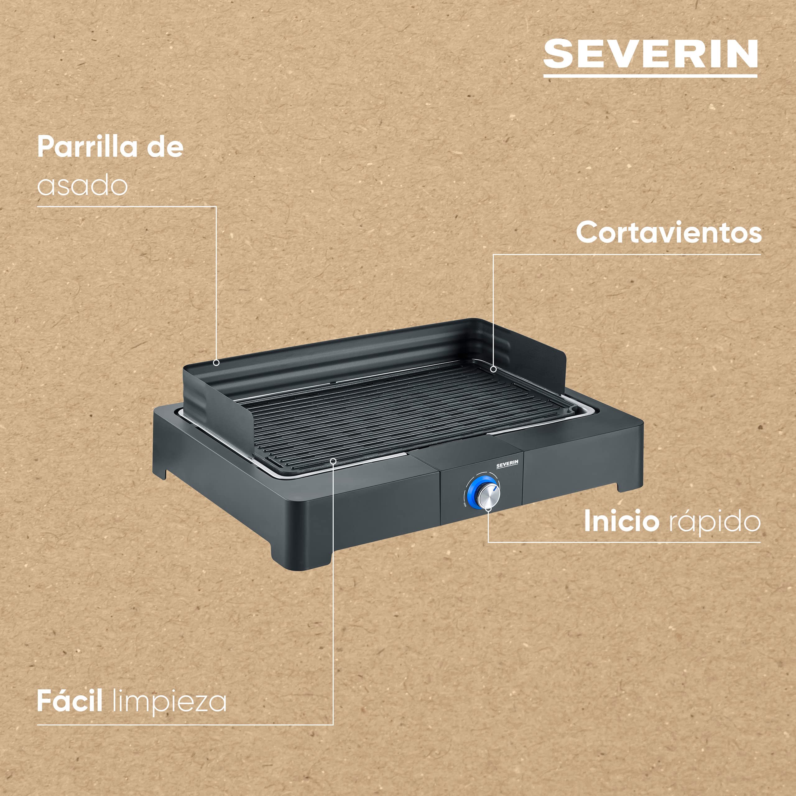 Severin Barbacoa de mesa con placa de grill acanalada para interior y exterior, barbacoa eléctrica con arranque rápido, mini barbacoa sin riesgo de quemaduras, negro, PG 8567