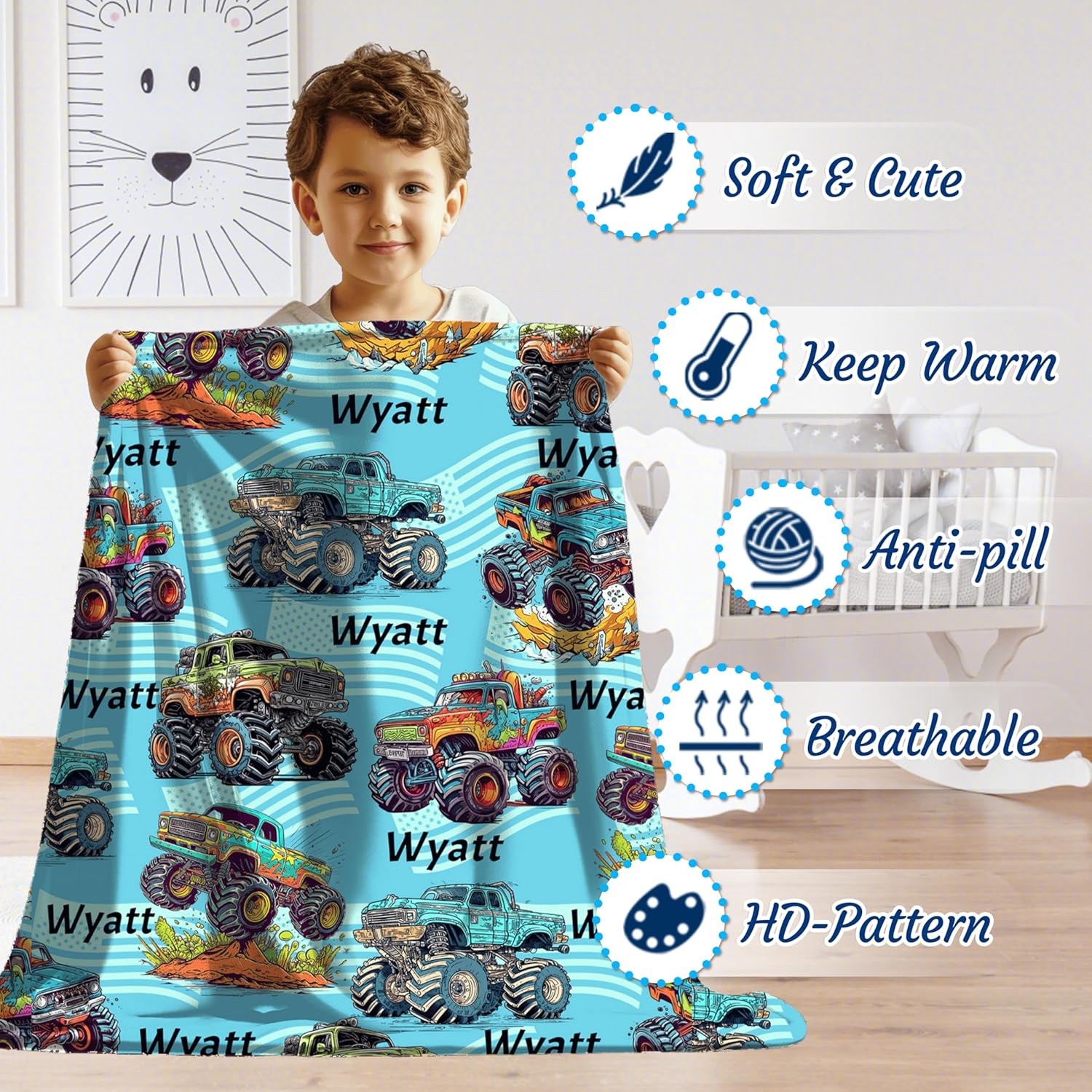Personalized Car Blanket with Name for Boy, Customized Baby Blanket with Name for Boy, Soft Flannel Car Toddler Gifts for Christmas Birthday Memorial Day for Shower Children Bed 50"x60"