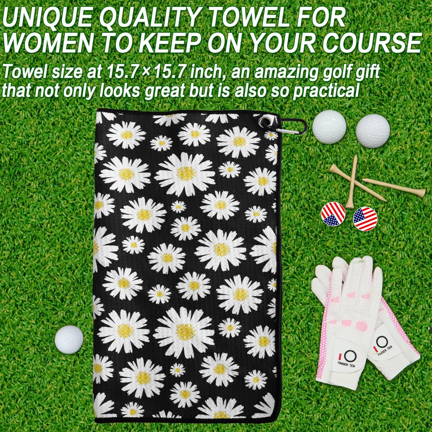 FINGER TEN Golf Towel Microfiber Waffle Towels for Golf Bags for Men Women with Clip and Brush 15.7’’X15.7’’ Set in Gray Black Blue Purple (Daisy&Black&Purple, 15.7L x 15.7W) - Image 2