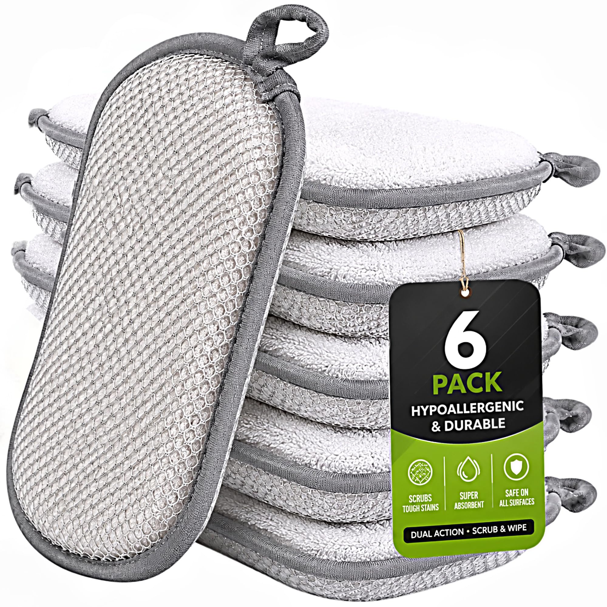Sponges Kitchen Dish Dual-Sided Sponge for Washing Dishes Cleaning Kitchen, All-Purpose, 6 Pack, Non Scratch, Rough Scrubbers Side for Non-Stick Cookware, Soft Microfiber Scrub Side for Dishes