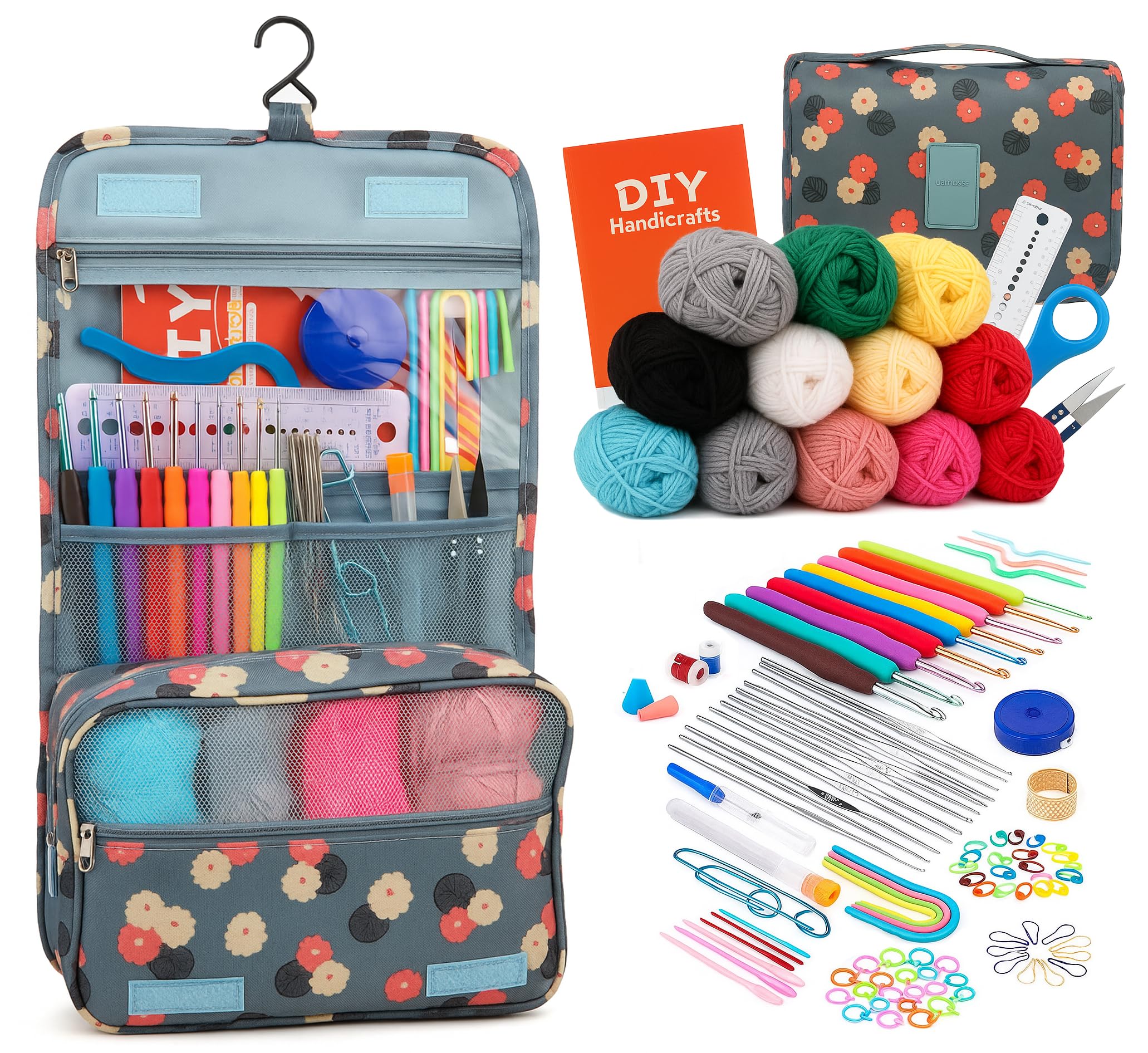 KRENZ 130 Pcs Premium Crochet Knitting Kit for Beginners Crochet Kit Set with Yarn, Hooks, Needles & Tools in Carry Bag Floral Hanging Storage Bag DIY Knitting Craft Starter Set for Adults & Kids