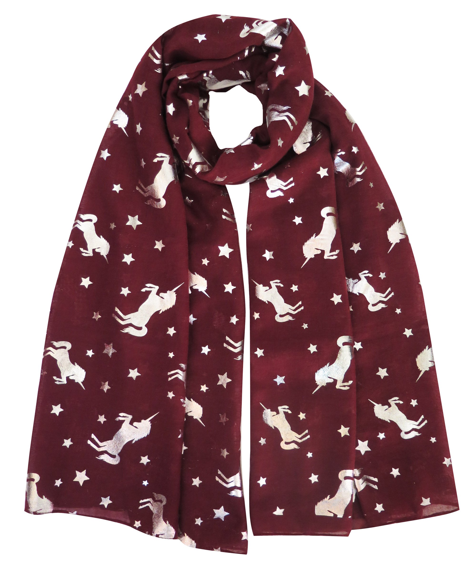 Lina & Lily Silver Unicorn Glitters Scarf Shawl Wrap (Maroon)