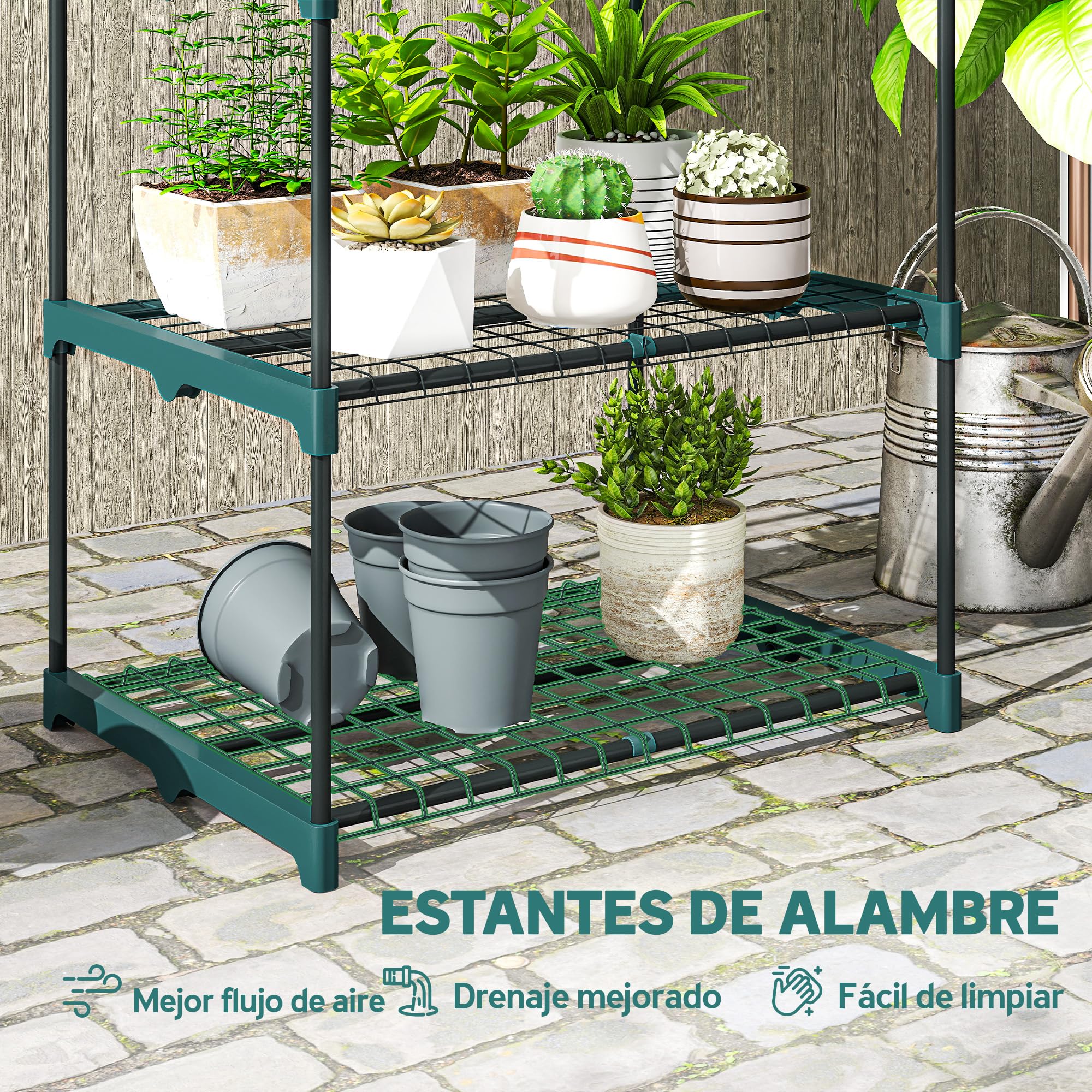 Outsunny Soporte para Plantas de 5 Niveles Acero 67x49x138 cm Verde Oscuro | Estantería para Plantas de Acero, Estantes de Rejilla, Estantería para Macetas, Interior y Exterior