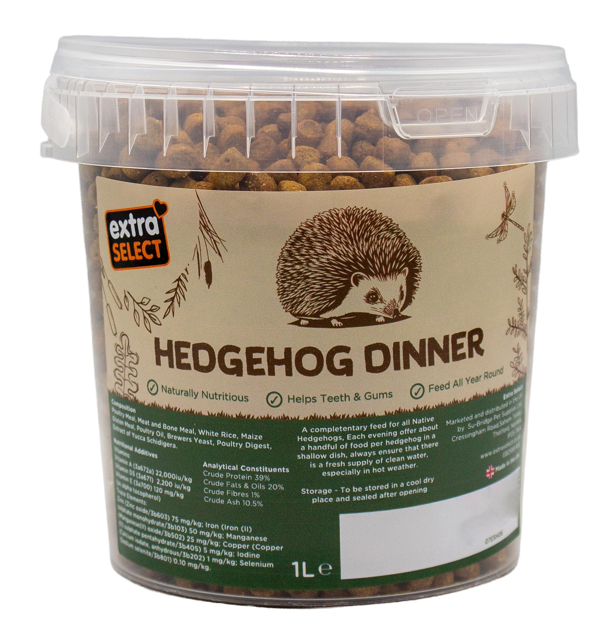Extra Select Premium Hedgehog Dinner: Nutrient-Rich Dry Hedgehog Food for Year-Round Feeding - 1L Tub