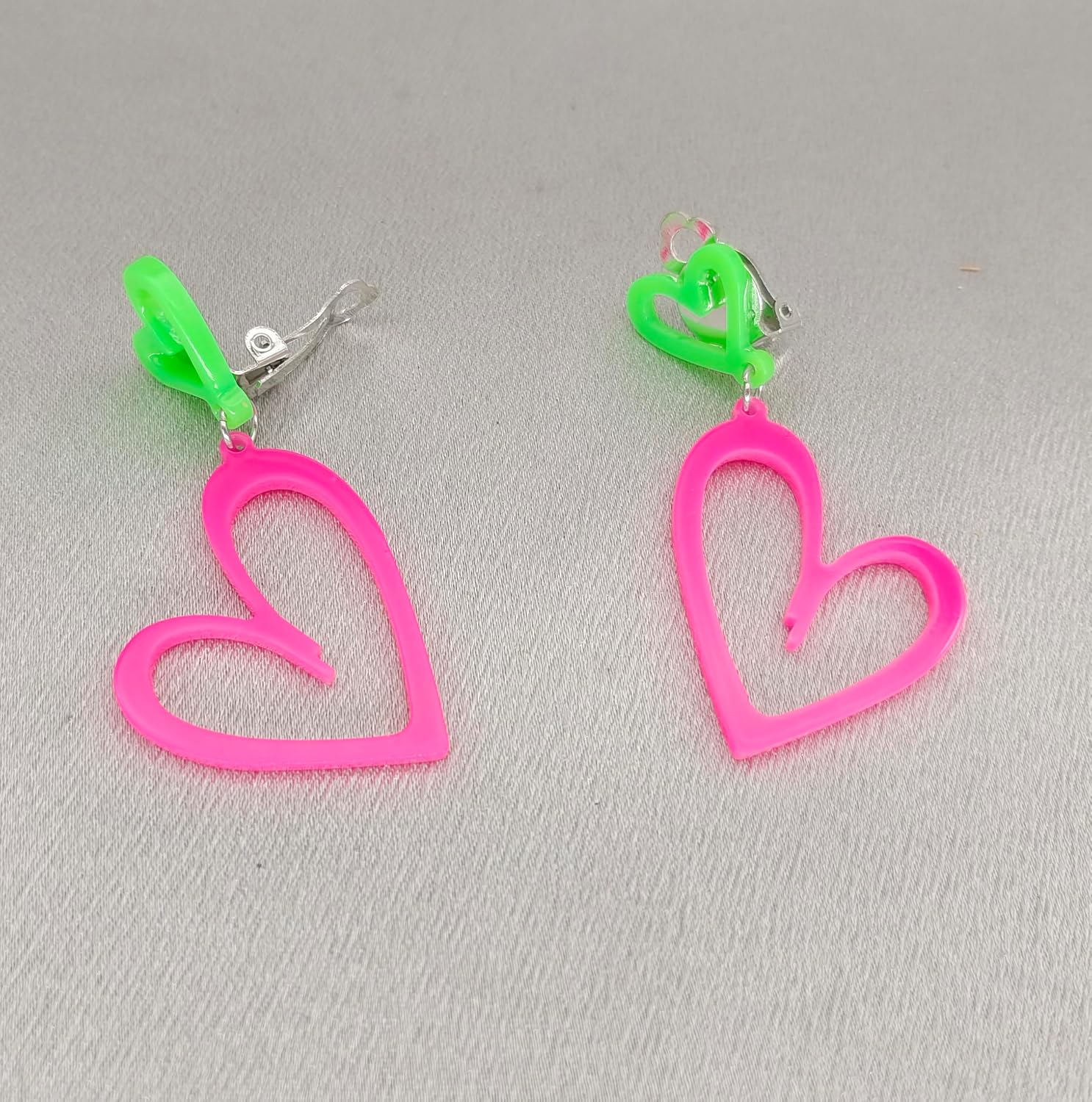 80s Neon Clip on Earrings for Women Double Hollow Heart Punk Retro Earrings 80s Outfit Accessories