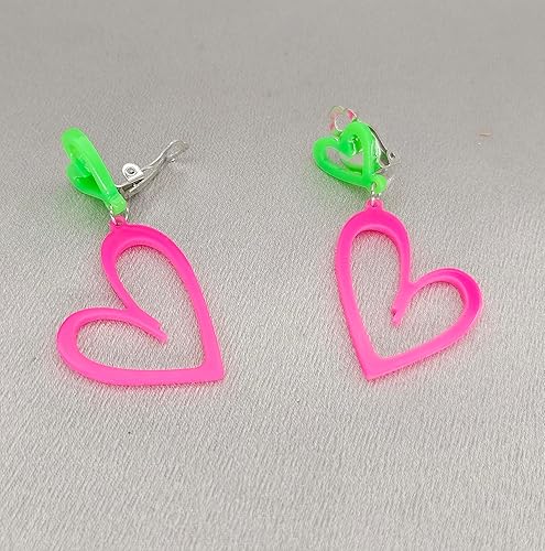 Miniatura 5 de Aretes de neón de los años 80 con clip para mujer, aretes retro punk de doble corazón hueco de los años 80, accesorios de atuendo