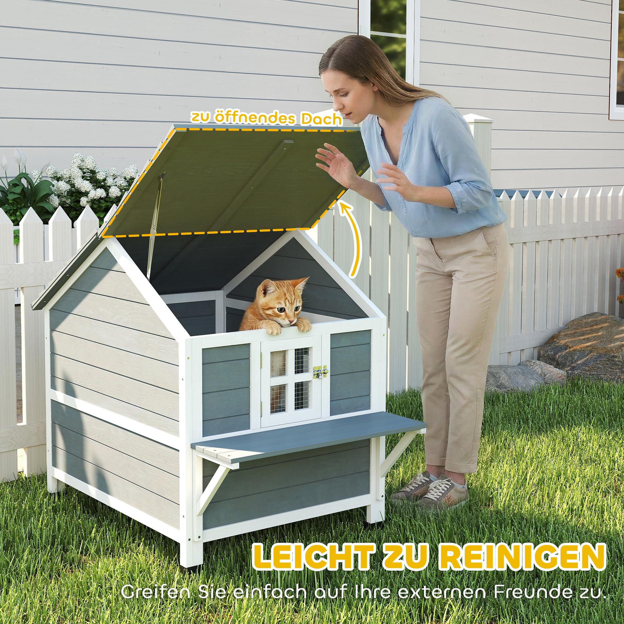 PawHut Domek dla kotów z drewna, 2 poziomy, zamykany wodoodporny dach, podwyższona podstawa, boczna platforma, okno, dla 1-2 kotów do 5 kg, 101 x 72,5 x 81 cm, Szary