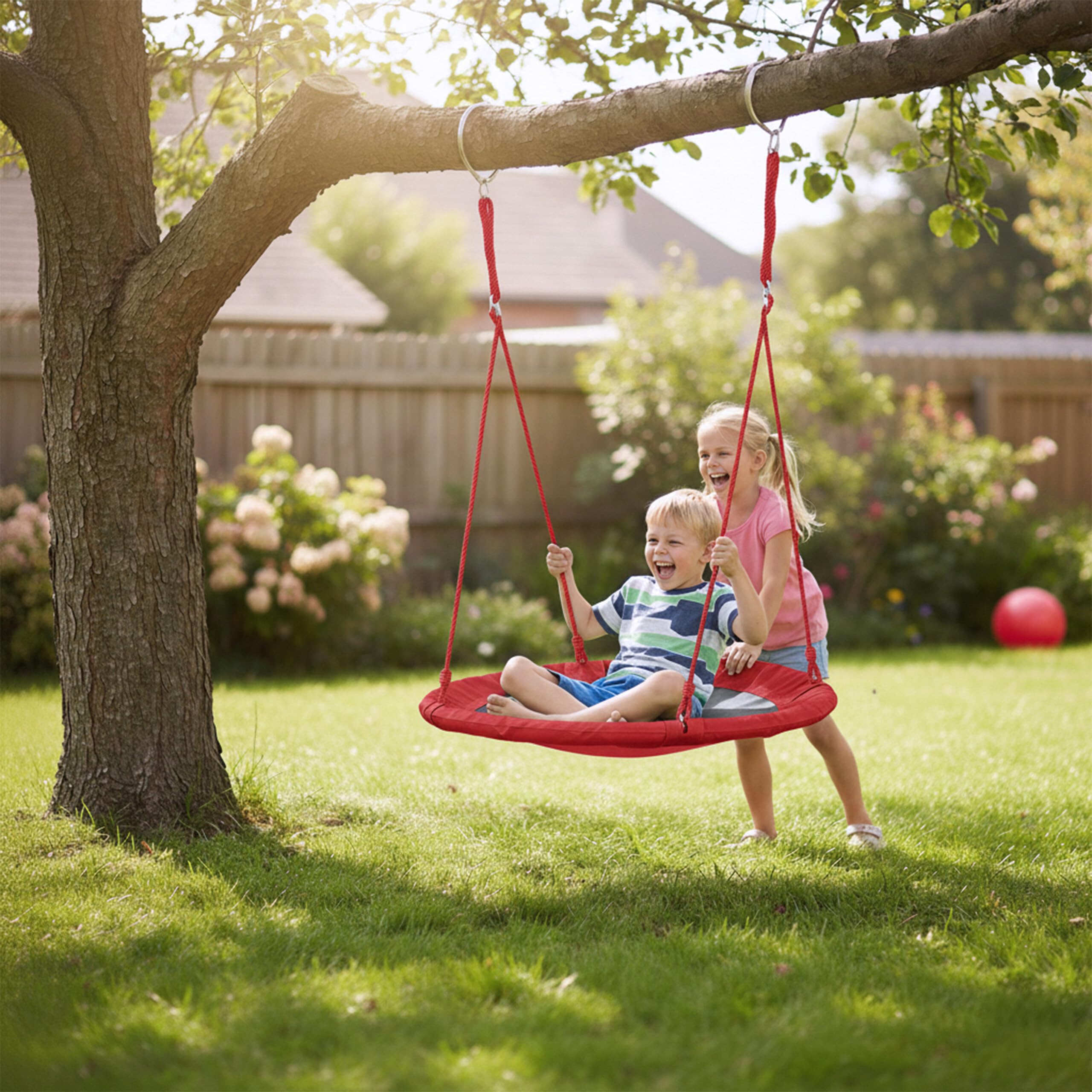 Relaxdays Unisex – huśtawka ogrodowa dla dorosłych, czerwona, okrągła, dla dzieci i dorosłych, regulowana, Ø 90 cm, do 100 kg, wys. x śr.: ok. 5 x 90 cm