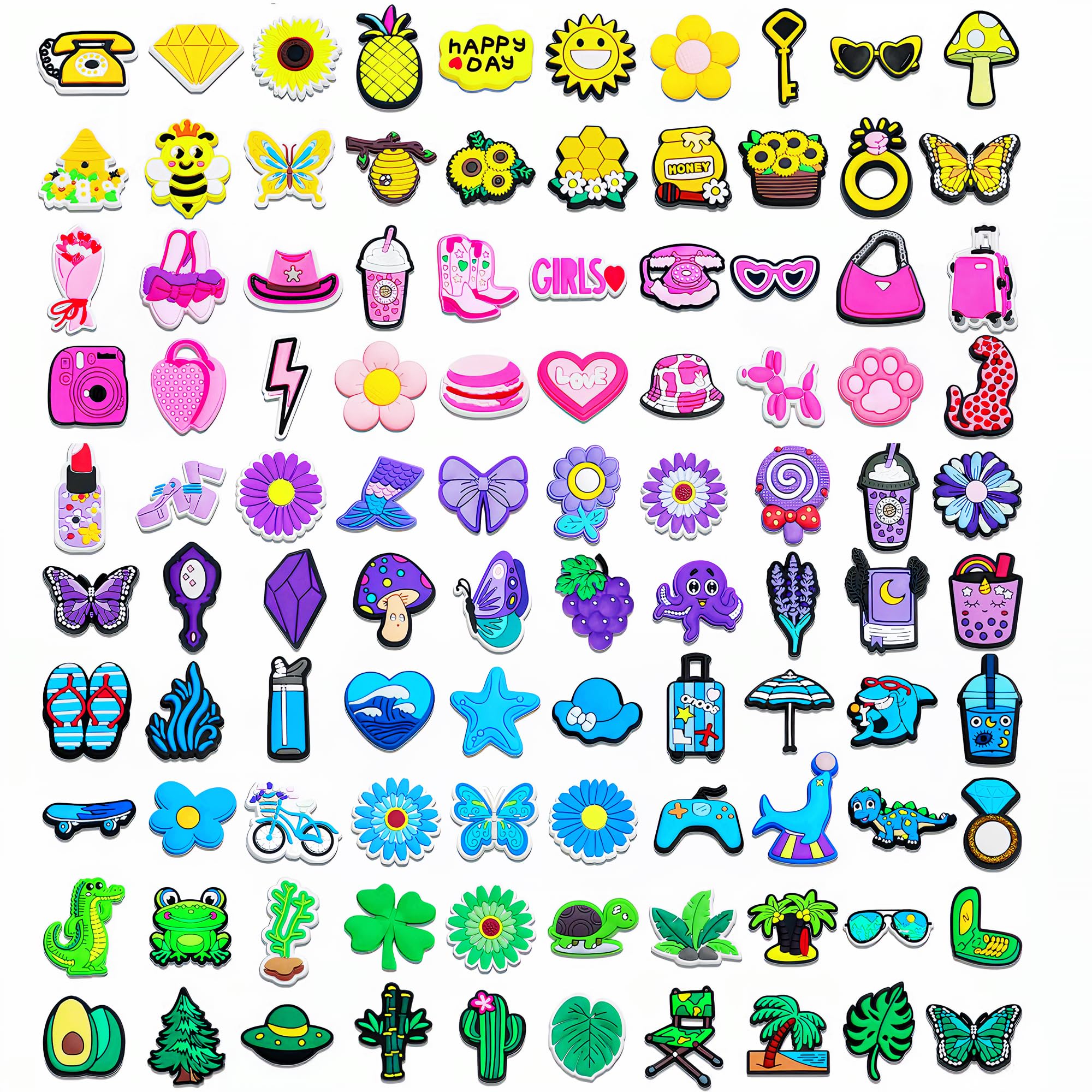 Yezmo100PCS Cute Shoe Charms, Kawaii Shoe Decoration Charms Bright Shoe Charms Random Charms Accessories for Kids Girls Adults Shoes Wristband Clogs Slides Party Gifts (mix)