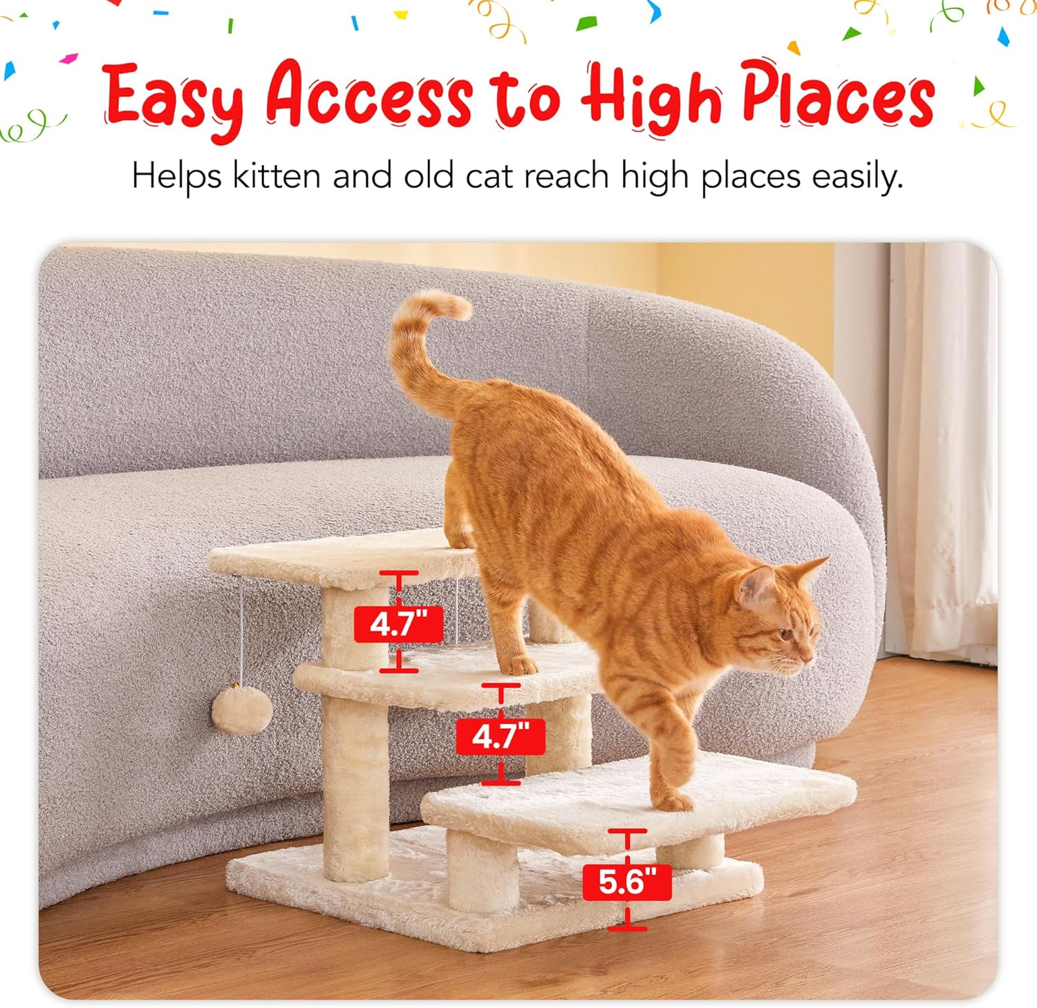 15''H Multi-Step Pet Stairs for High Beds & Sofas, 3-Step Cat Stairs with 2 Toy Balls, Wide Boards for Indoor Kittens Dogs Pets Climbing, Beige