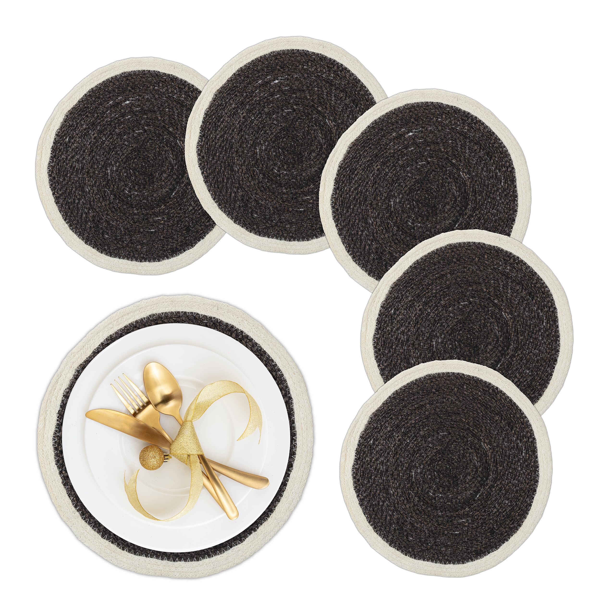 Relaxdays Tovagliette Sottopiatto in Seagrass, Set da 6, Ø 37cm, Placemat Americane da Tavolo, Sottopentola, Nero Bianco, Fibra vegetale