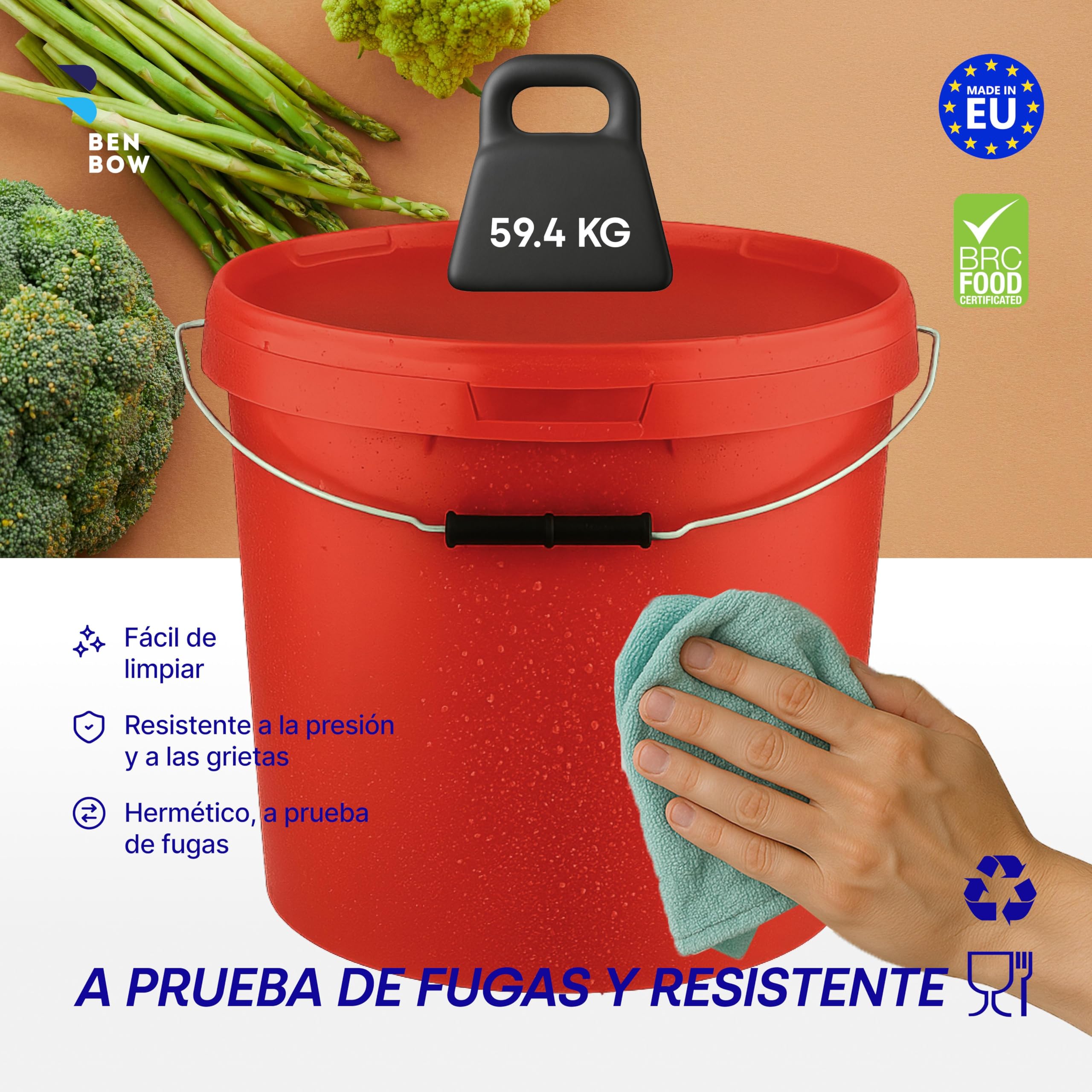 BenBow Cubo con Tapa 20l Rojo 1x 20 litros - Seguro para los Alimentos, Estable, hermético, a Prueba de Fugas - contenedor de Almacenamiento de plástico, con asa de Metal - vacío