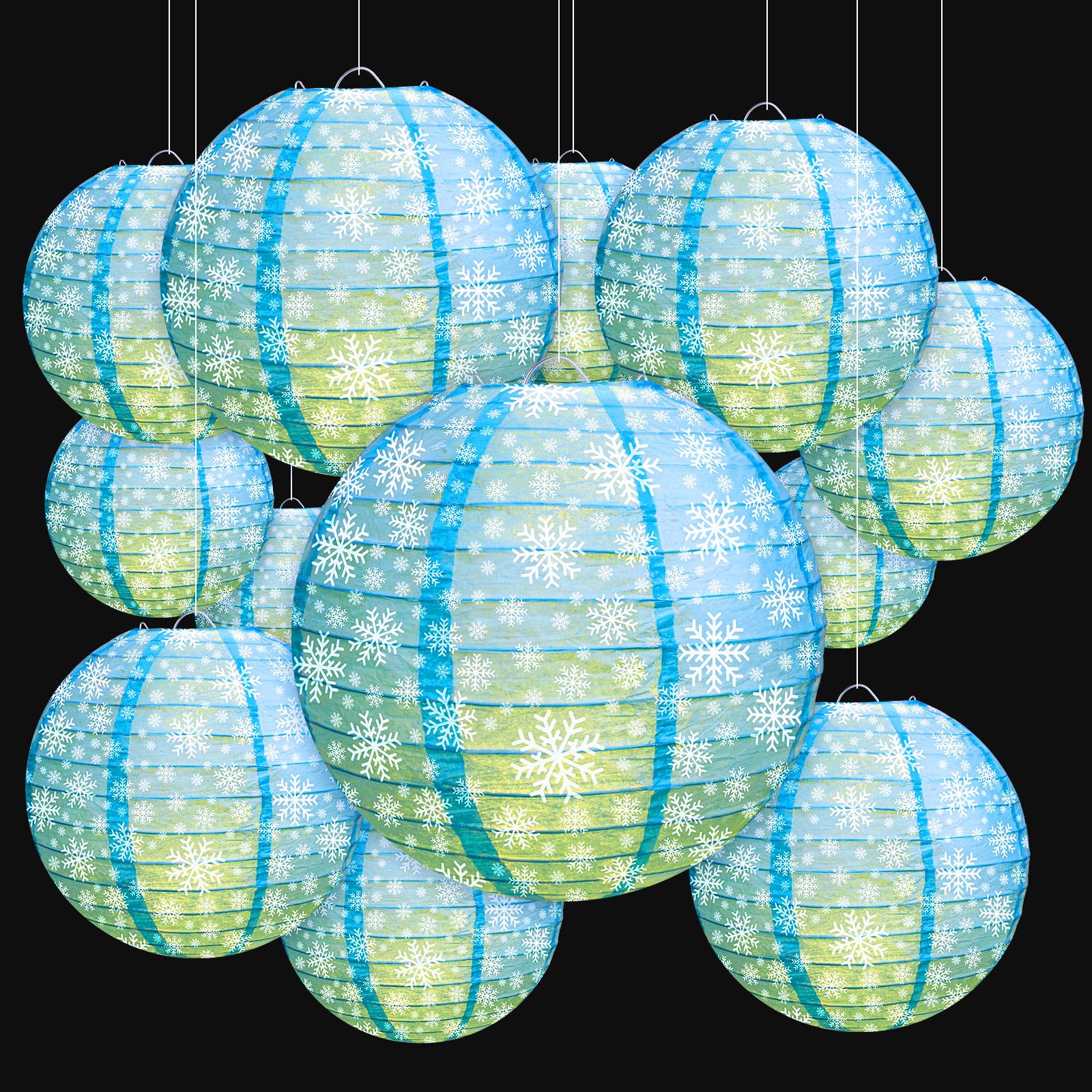 Riakrum 12 Sets Winter Snowflake Hanging Paper Lanterns Decoration LED Battery Powered Blue Wonderland Snowflake Round Hanging Lanterns for Winter Xmas Party Birthday Party Supplies