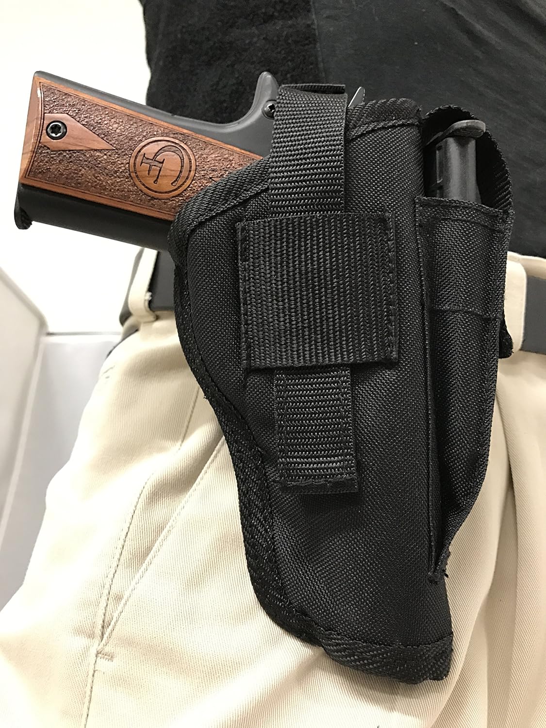 Gun Holster fits Desert Eagle Baby Desert Eagle 4.72" Barrel Black Nylon Ambidextrous Use Left or Right Built in Magazine Holder Adjustable Retention Strap Gun Slinger Holster