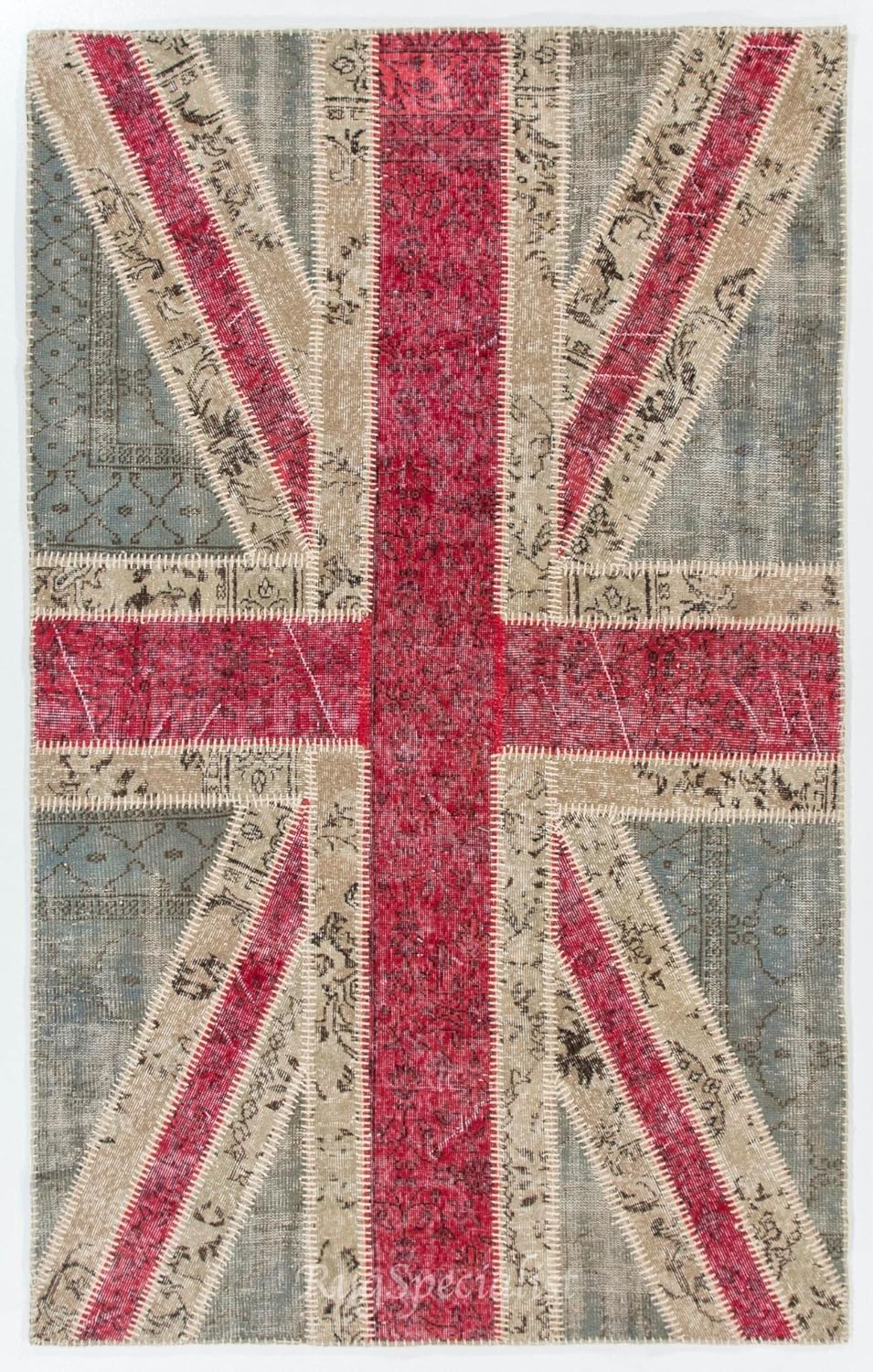 Modern Handmade Patchwork Rug with Union Jack British Flag Design, Wool and Cotton Turkish Carpet. Custom Colors & Sizes Available. D747