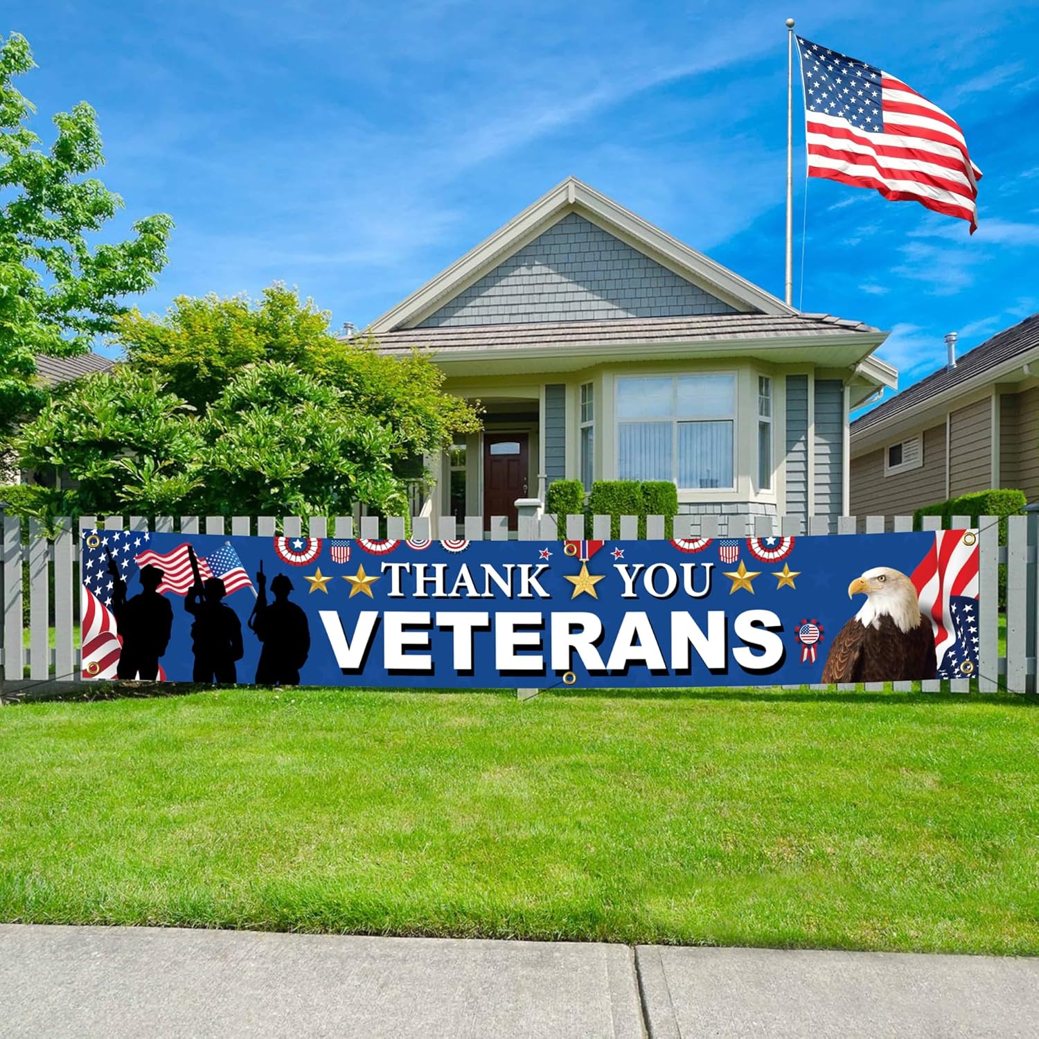 Veterans Day Decoration Banner 120 x 20 inch America Independence Day Decorations Veterans Day Backdrop Banner Deck Terrace Porch Balcony Backyard Lawn Garden Decoration Independence Day - Image 3