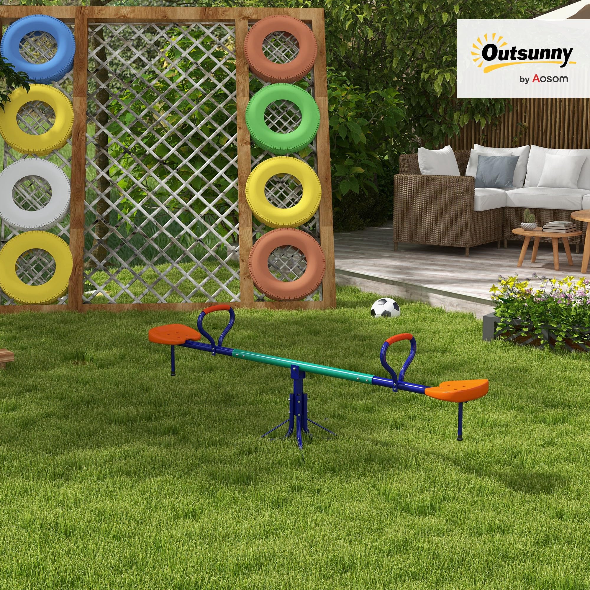 Outsunny Balancín para Niños Carga 90 kg Sube y Baja Infantil Giratorio 360° Barra con Longitud Ajustable con Poste Amortiguador Asiento Cómodo Asa Suave y Base de Acero para Patio Jardín Multicolor