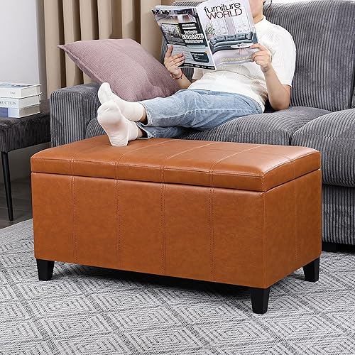 Miniatura 44 de Joveco Banco otomano de almacenamiento, 33 pulgadas, de piel sintética, rectangular, copetudo, taburete para el pie final de la cama, dormitorio,