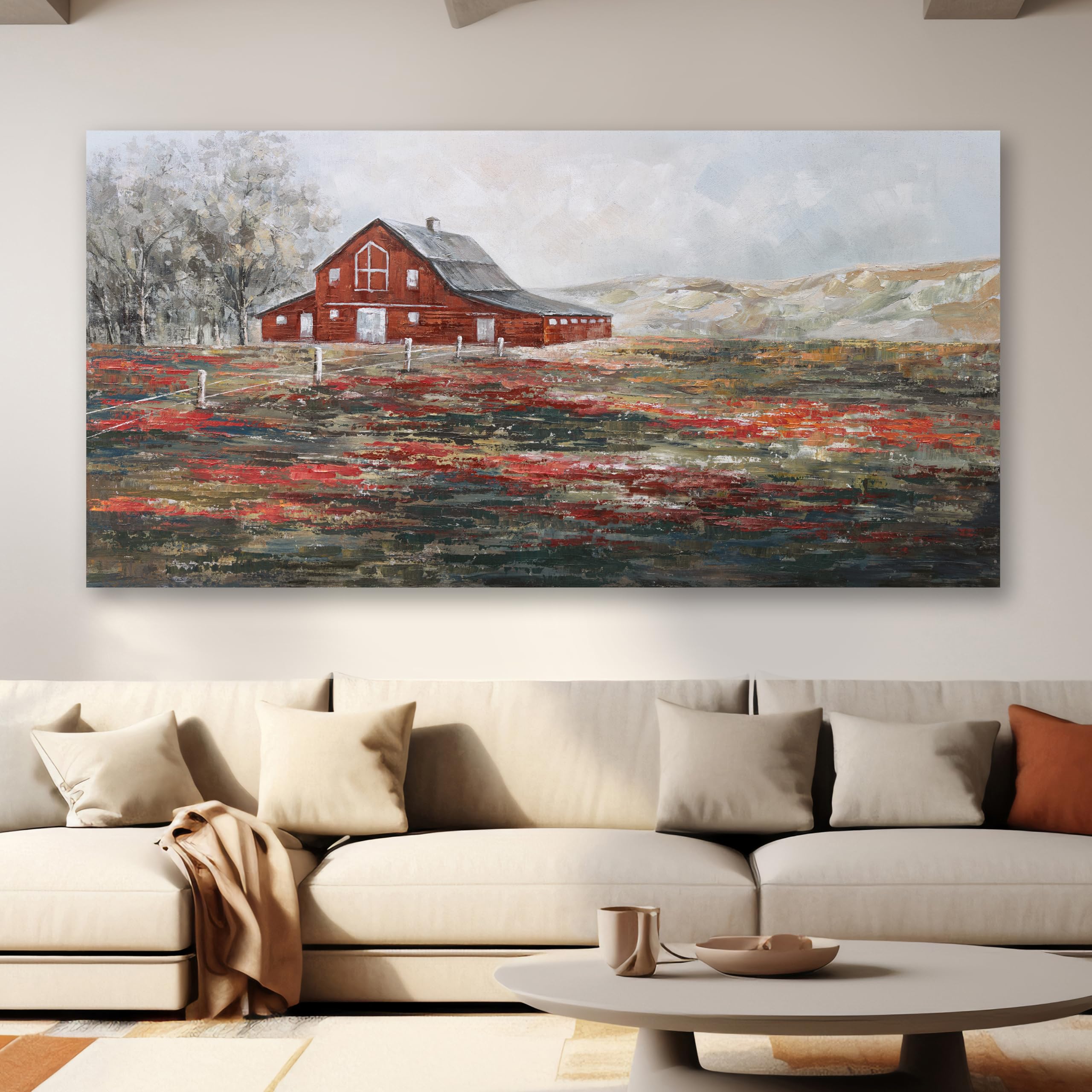 Creowell Framed Rustic Farmhouse Canvas Wall Art Beautiful Field Painting Wildflower Barn Print Nature Scenery Picture French Countryside Poster For Bathroom Bedroom Office Wall Decor 16x12in