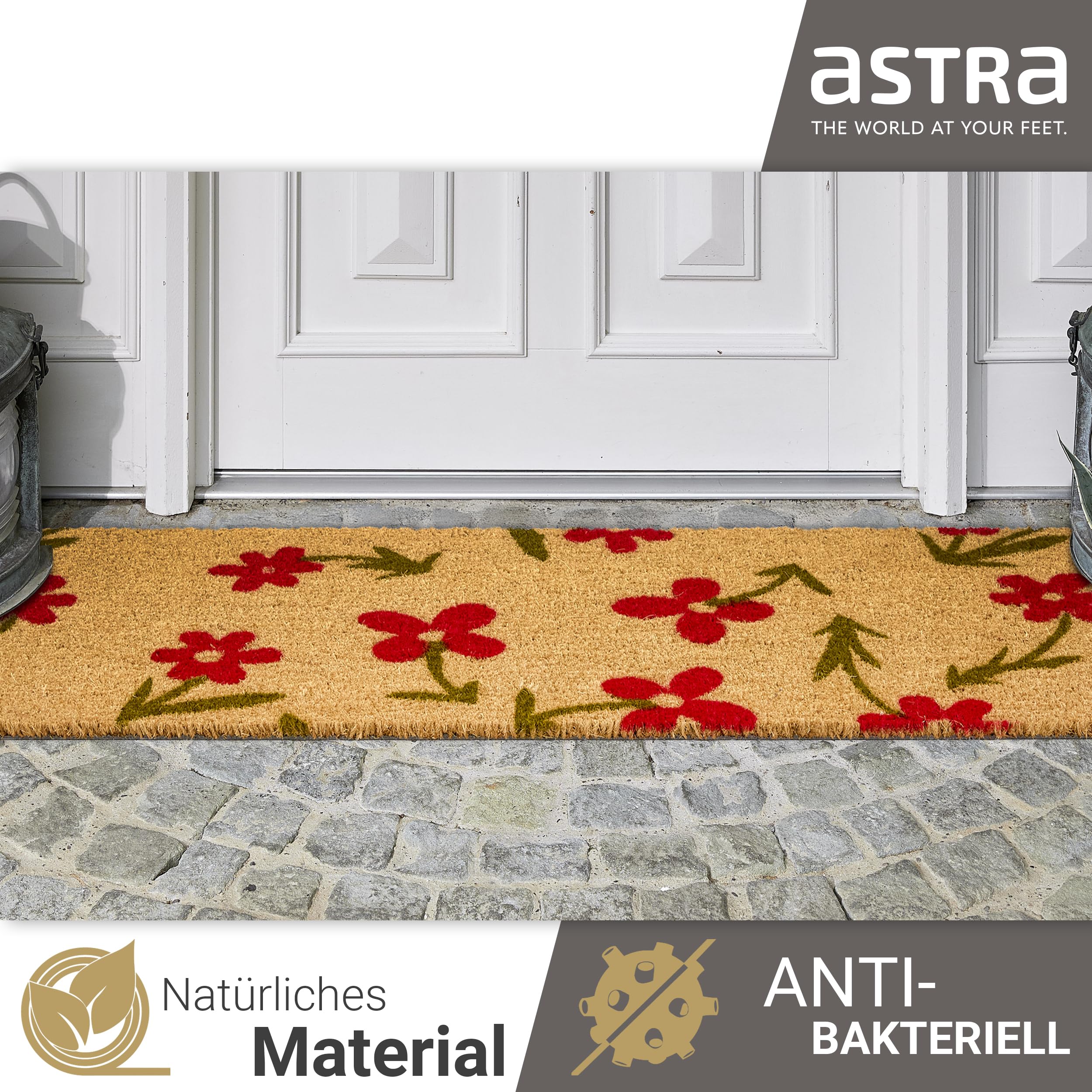 Astra Zerbino esterno con Fiori rossi in cocco 50 x 150 cm naturale -16 mm Zerbino in cocco per esterni e interni - Tappetino antisporco antiscivolo
