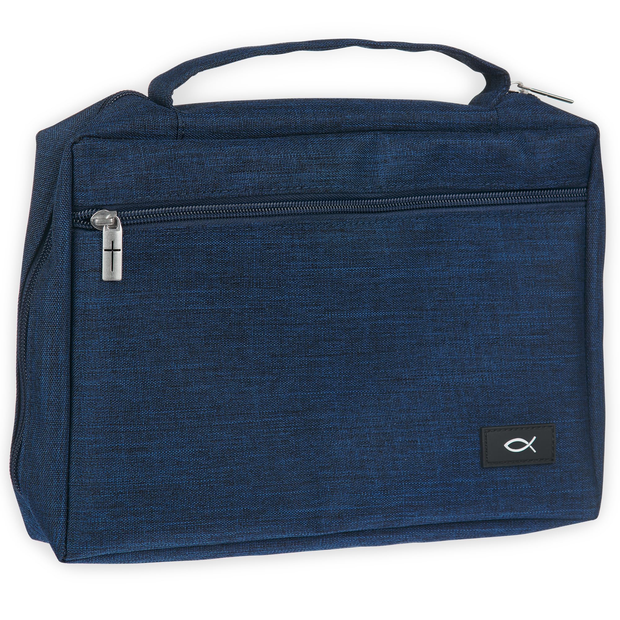 Christian Art Gifts Polyester Bible Cover for Men & Women w/Jesus Fish Patch, Zipper Pocket, Pen Loops, Easy Carry Book Case for Stationery,