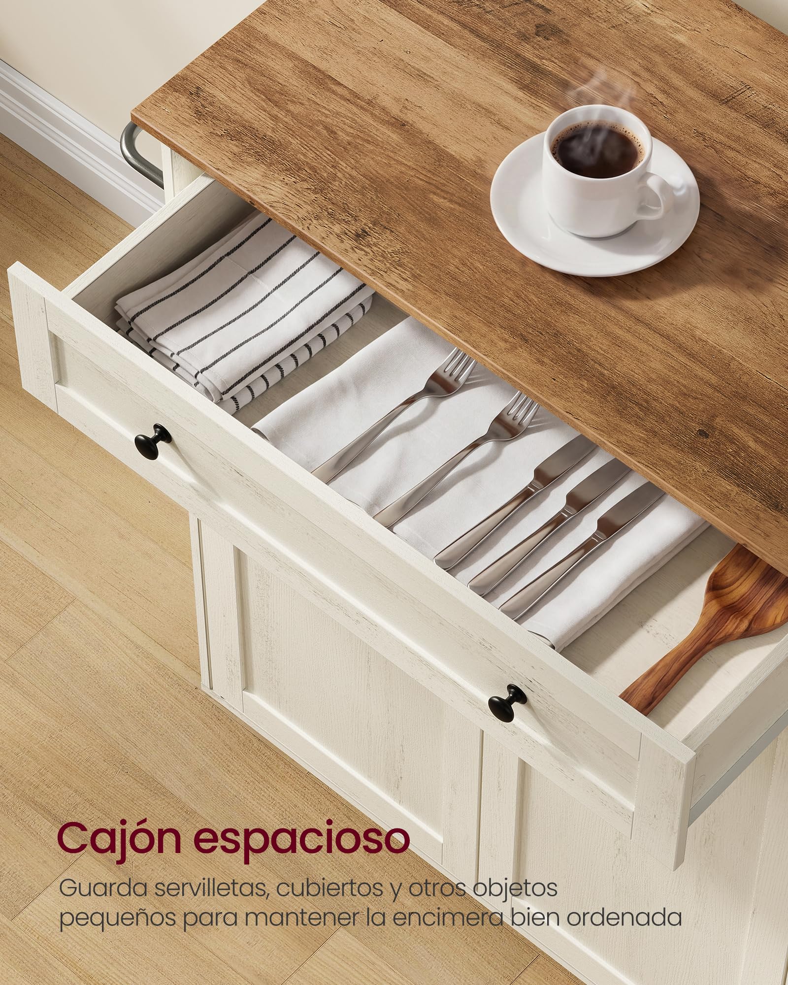 VASAGLE Siren Collection KKI009WJ01 - Mueble de Cocina, Isla de Cocina, con encimera, Ruedas, Carrito de Cocina, cajón, Estilo rústico, Estante Ajustable, Color Blanco Nube y marrón Miel
