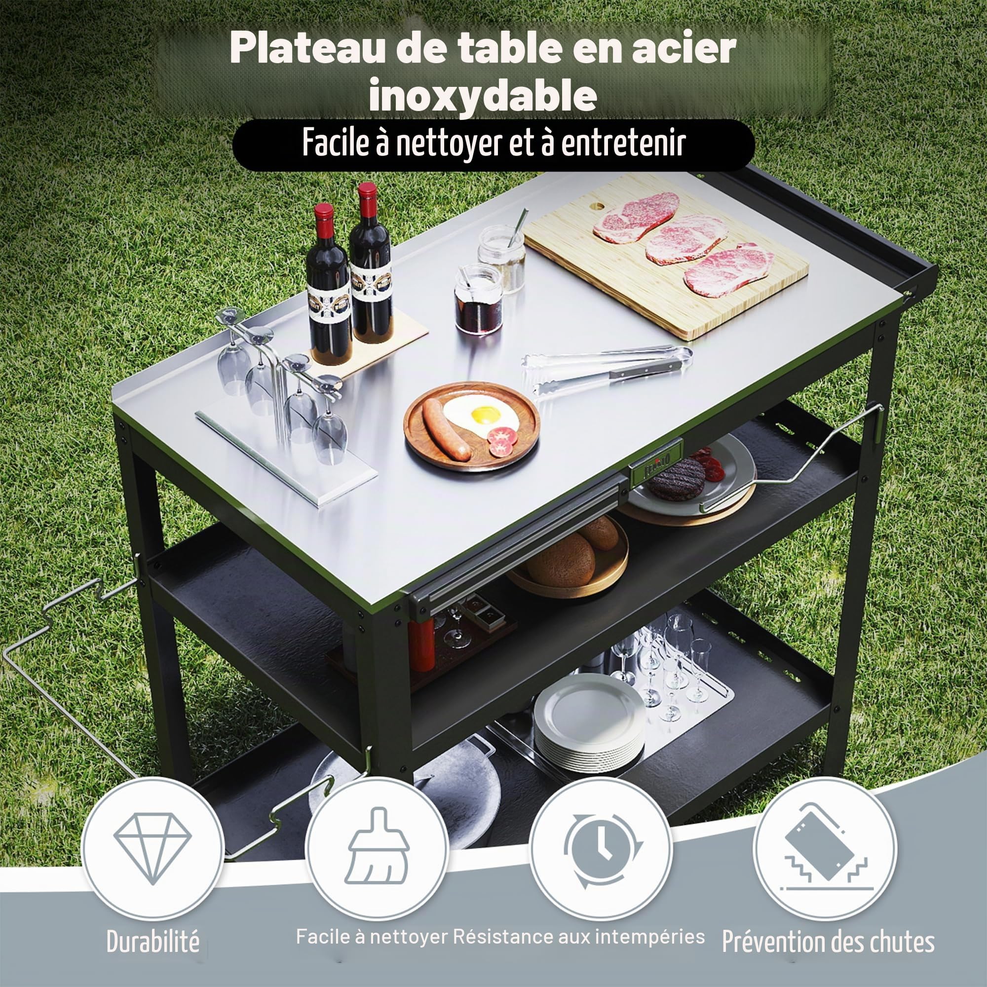 Feasto Chariot de Barbecue d'extérieur de 80 x 45,7 cm avec Plateau en Acier Inoxydable, Table de Gril Mobile avec Support d'assaisonnement et Support magnétique pour Outils, Table de préparation des