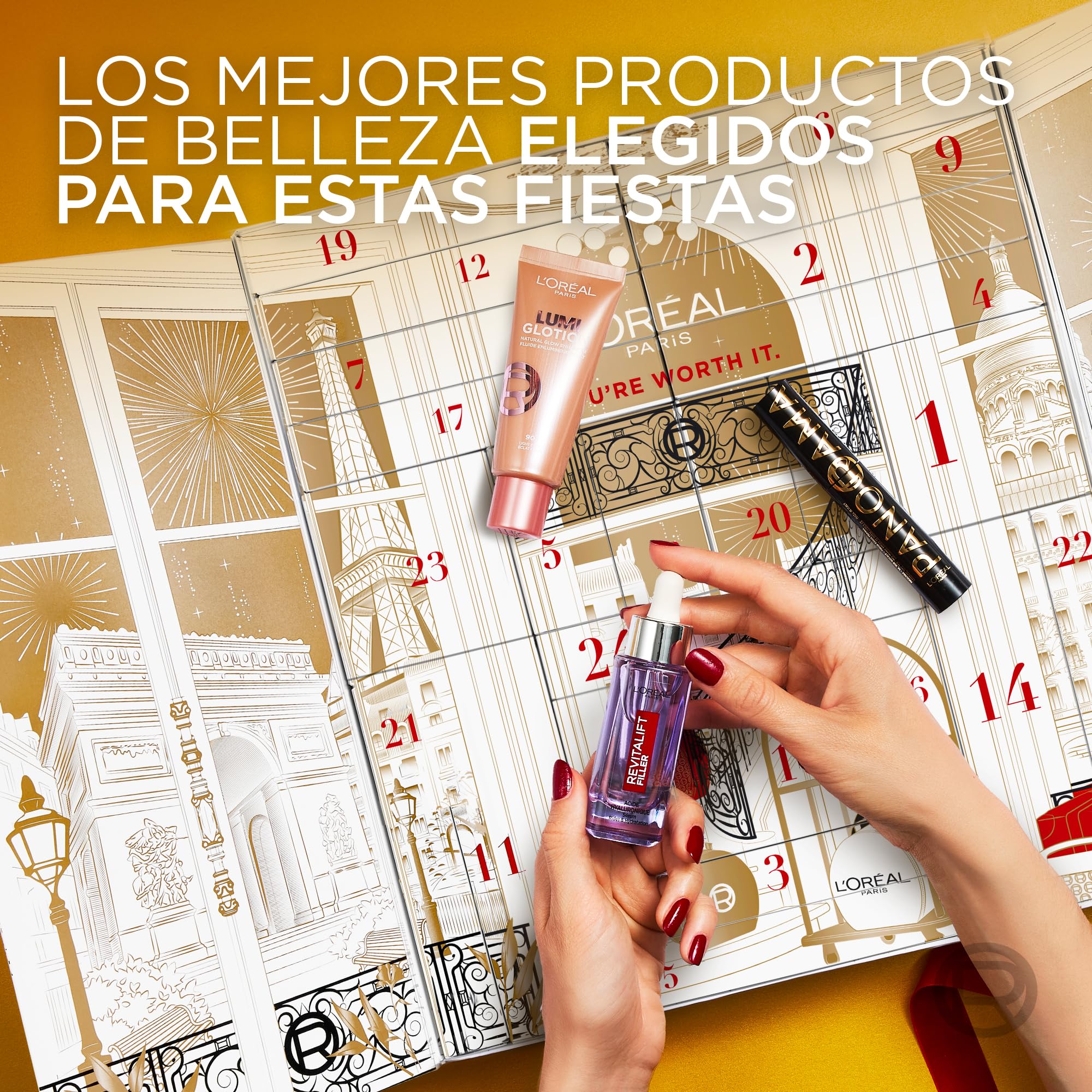 L'Oréal Paris - Calendario de Adviento 24 Días - Set de Regalo Navidad - Maquillaje, Cuidado Facial y Capilar - 24 Productos de Belleza Esenciales en Tamaño Real