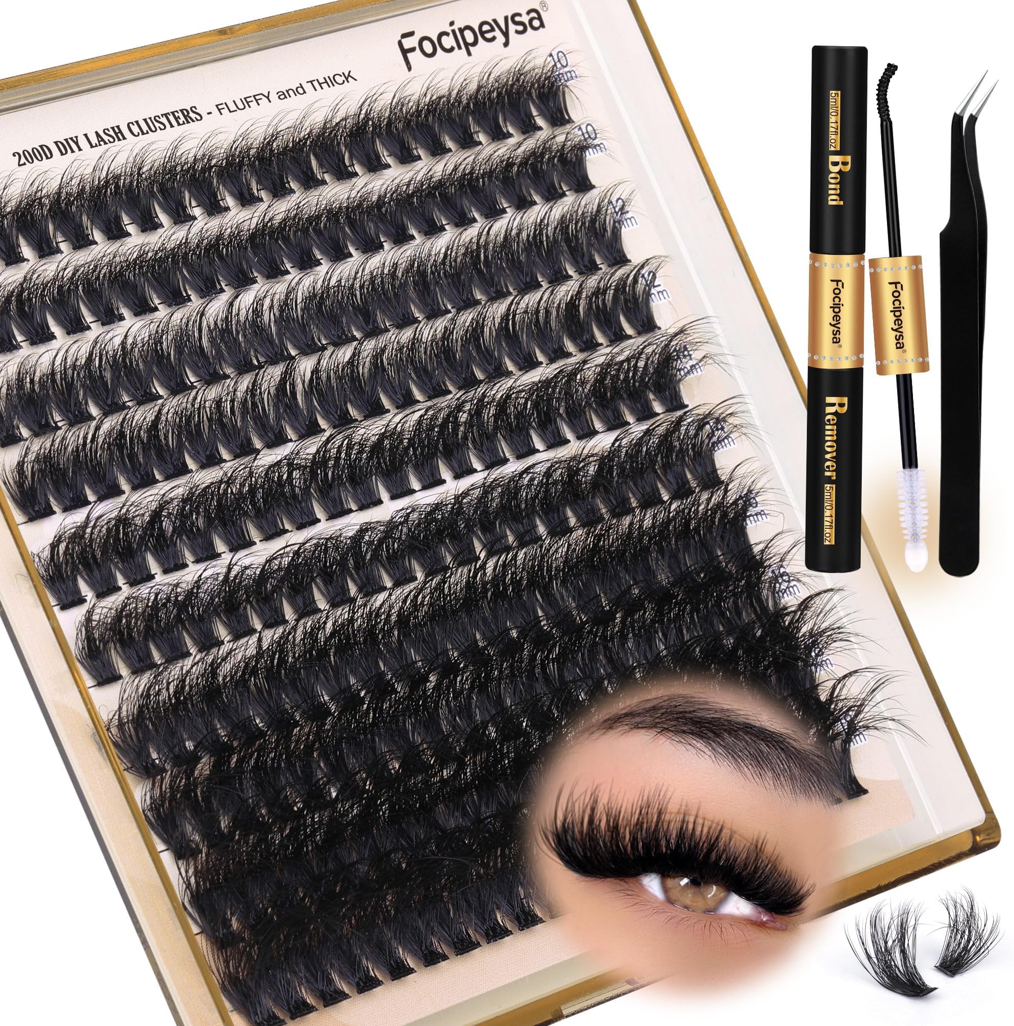 Focipeysa Lash Extension Kit Thick Eyelash Extension Kit 10-18mm Fluff Volume Lash Clusters 200D Individual Eyelashes Kit with Lashes Bond, Lashes Remover, Lash Tweezers, DIY Lash Extension