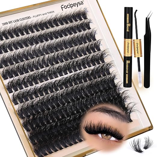 Focipeysa Lash Extension Kit Thick Eyelash Extension Kit 10-18mm Fluff Volume Lash Clusters 200D Individual Eyelashes Kit with Lash Bond, Lash Remover, Lash Applicator, DIY Lashes Extension