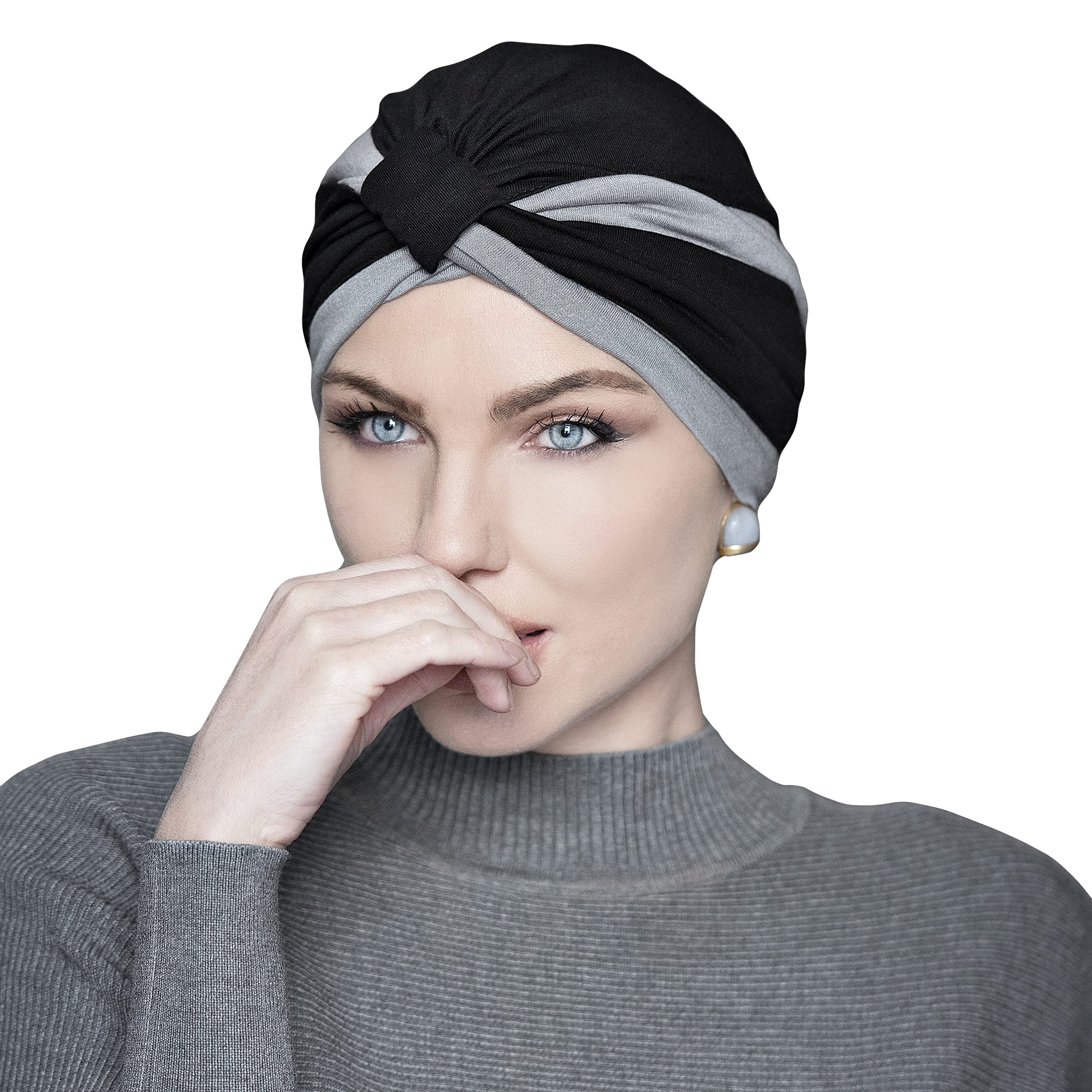 Masumi Women's Gray And Black Cotton Cap For Hairloss, Chemo Headwear For Cancer Headwear For With Alopecia Hairloss Chemotherapy Turban Hat Amelia (Grey And Black)