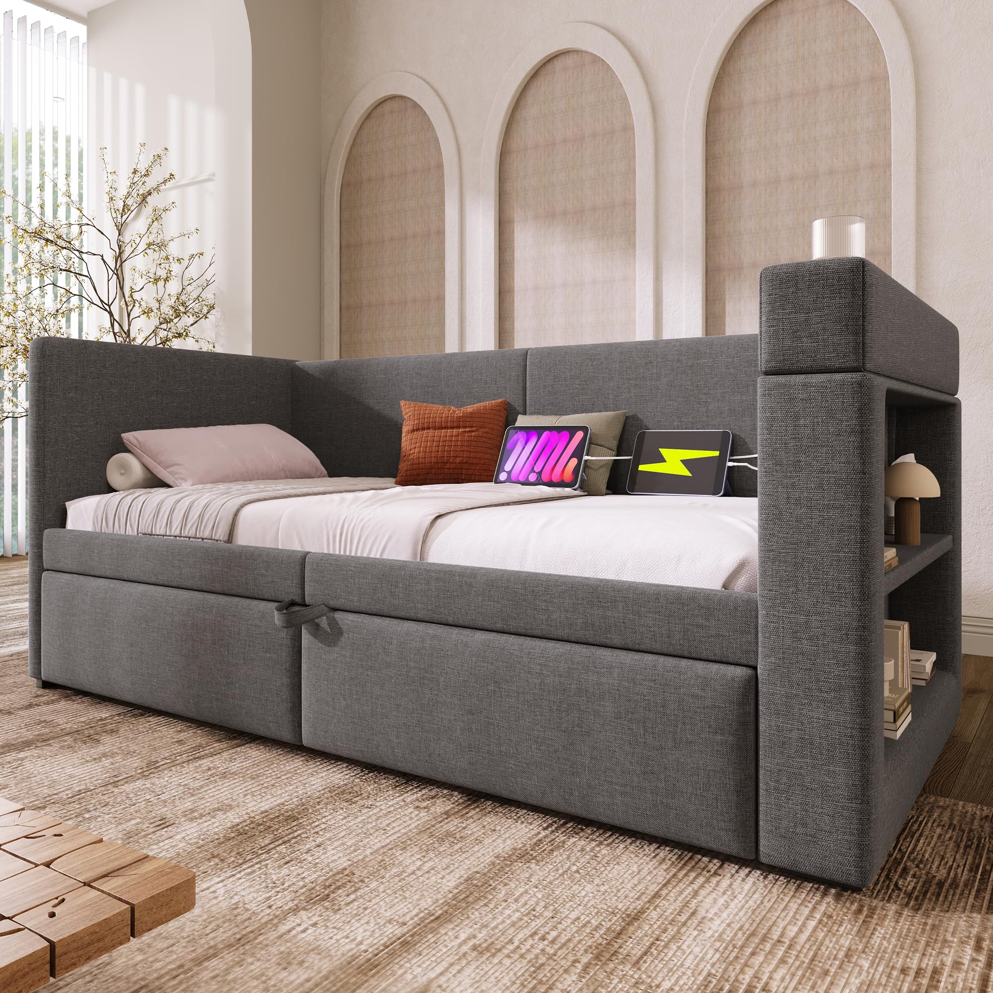 Polsterbett Ausziehbares Schlafsofa 90/180 x 200 cm, Einzelbett Daybett mit USB Type-C Ladefunktion, Armlehnen mit Getränkehalter und Regal, Leinen, ohne Matratze, Dunkelgrau