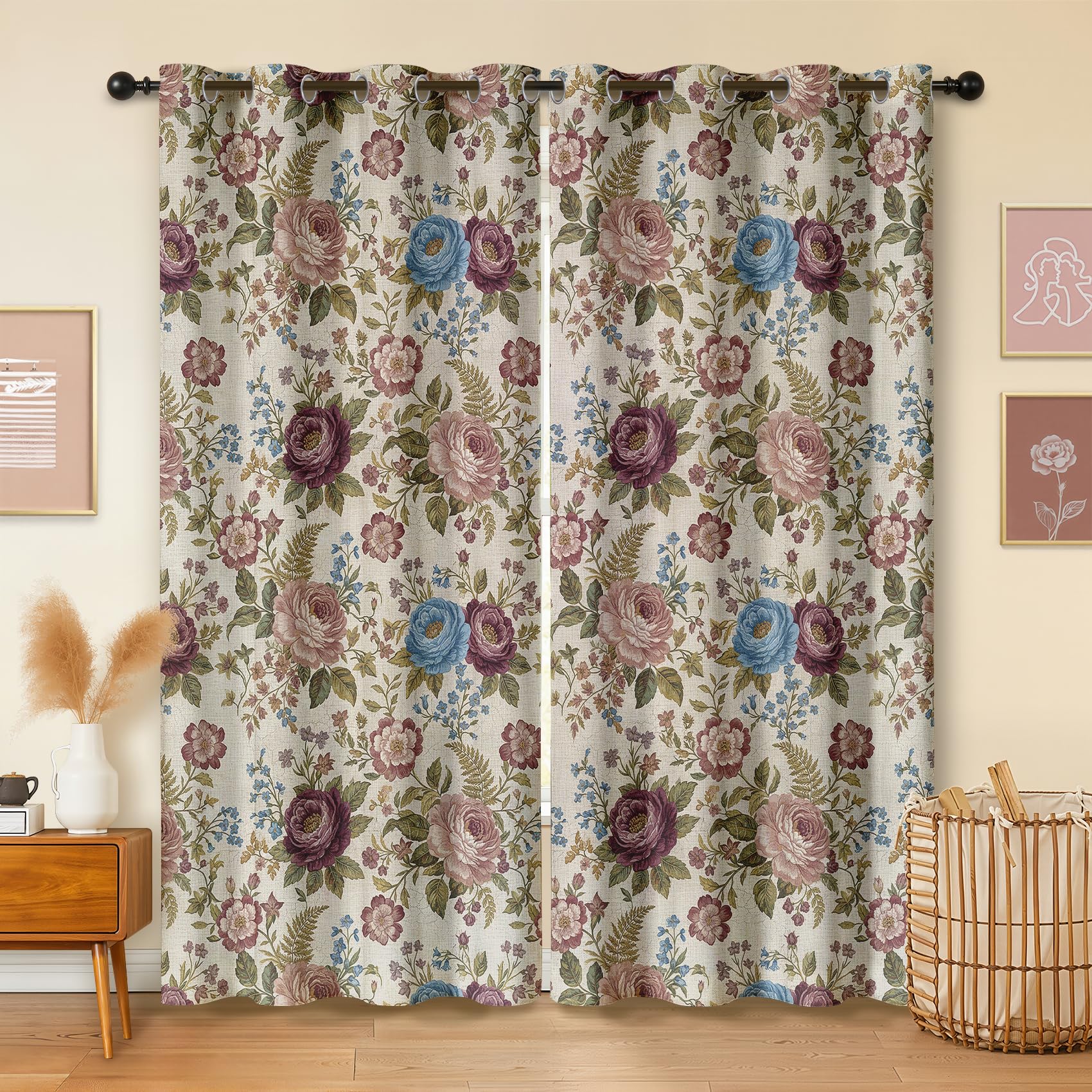 Havenix Vintage Botanical Floral Blackout Curtains for Bedroom Living Room, French Country Patterned Curtains 54x90, Thermal Insulated Eyelet Drapes for Windows, 2 Panels